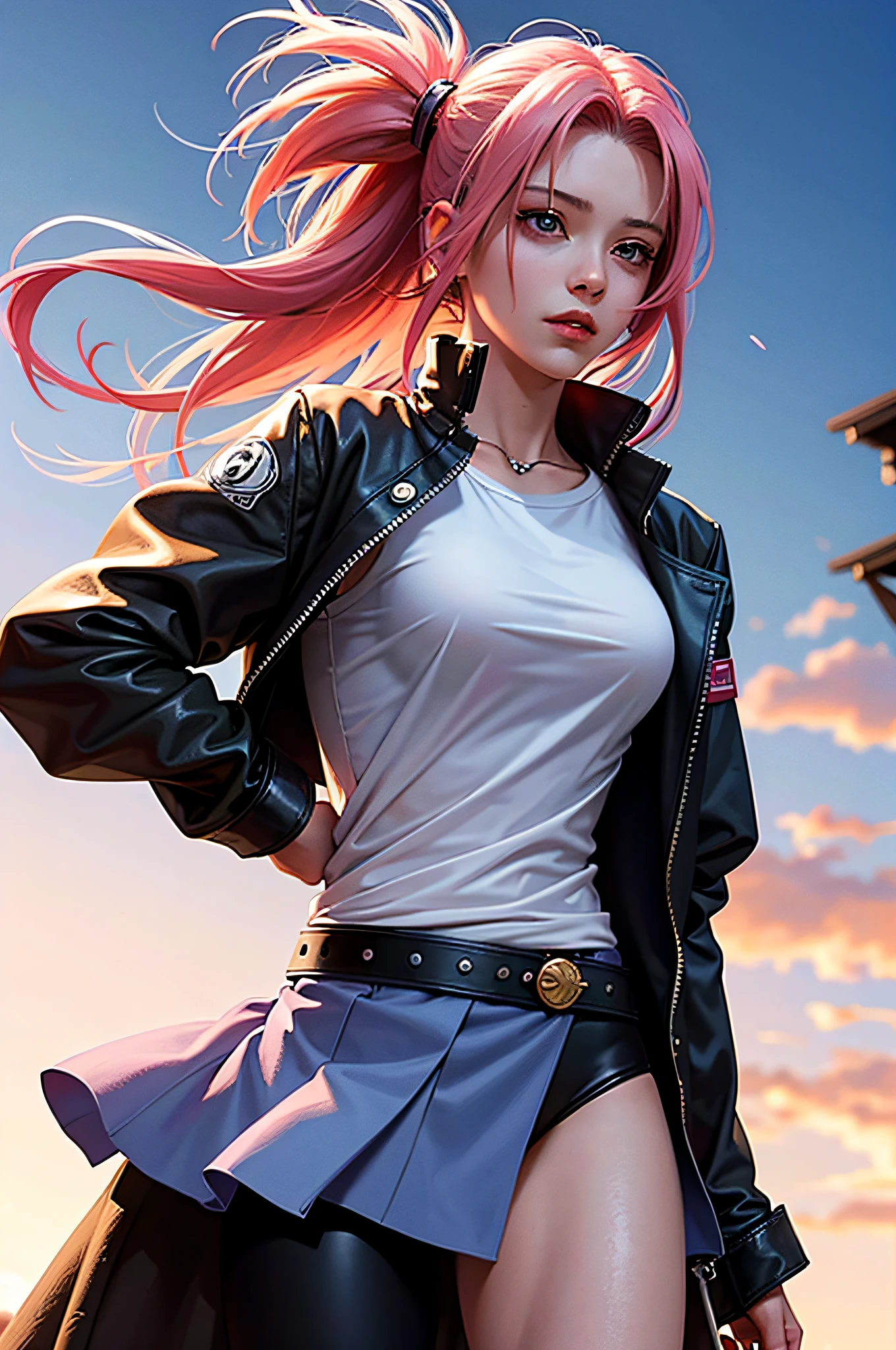 (masterpiece), (best quality), realistic, cinematic light,  girl, (1 girl), solo, Sakura Haruno, Sakura from Naruto, cool pose, battlefield background, perfect body, green eyes, pink hair