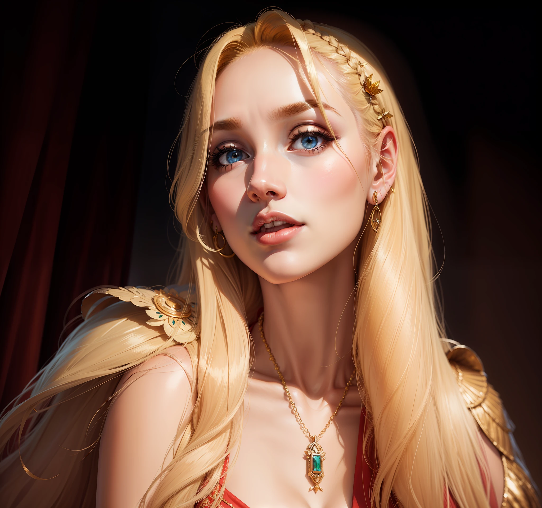 Queen, blonde, with a beautiful hairstyle and jewelry