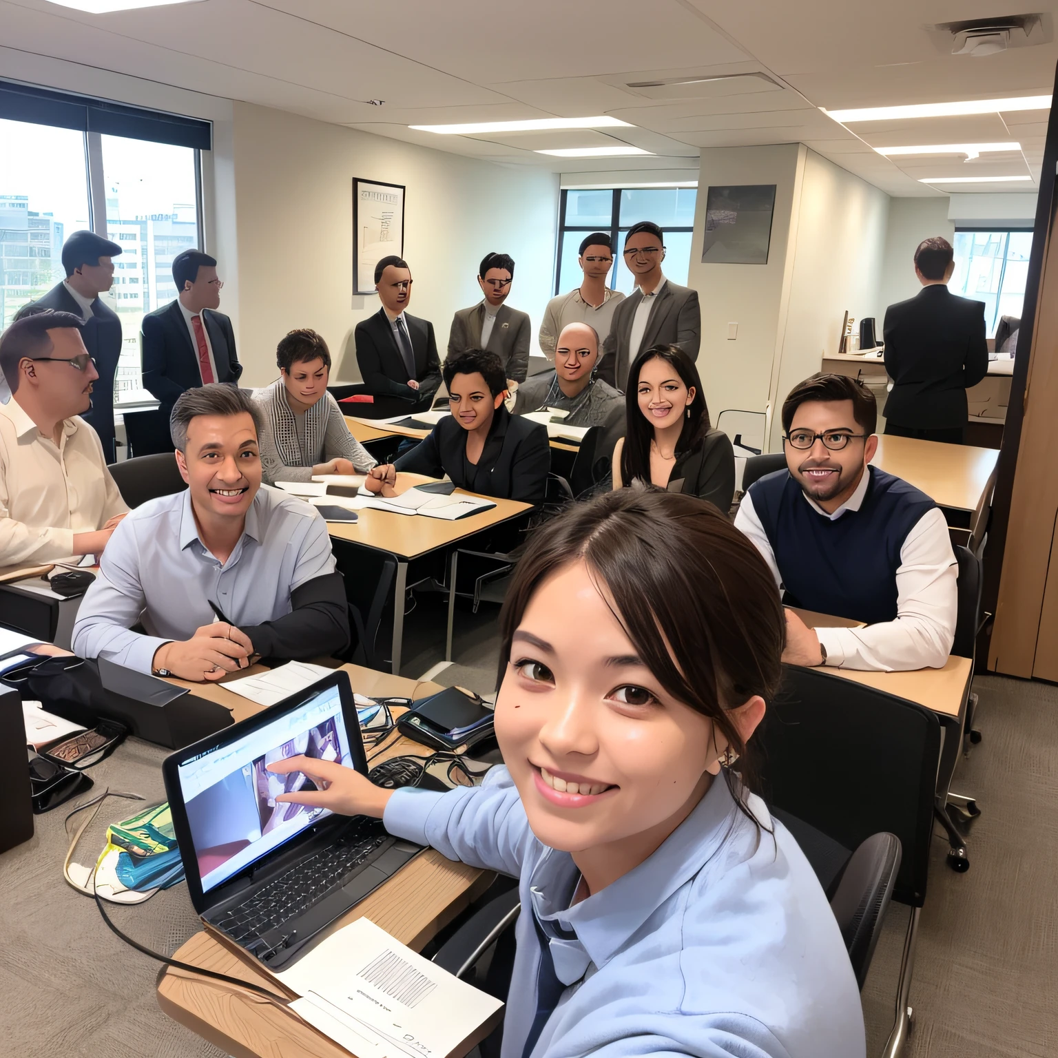 Image showing a team composed of men and women, in an office, interacting and smiling, in front of computers, image with landscape orientation --auto
