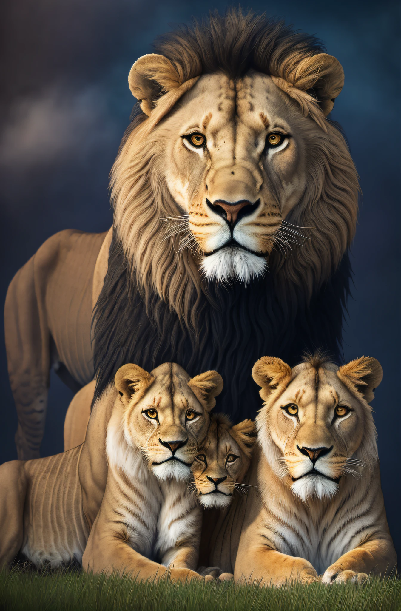 An oil painting of , a lion with a lioness and her family of four cubs in front of a vibrant, epic, hdr, hyper-detailed, cinematic, soft colors, foggy, hyper realistic bg painting