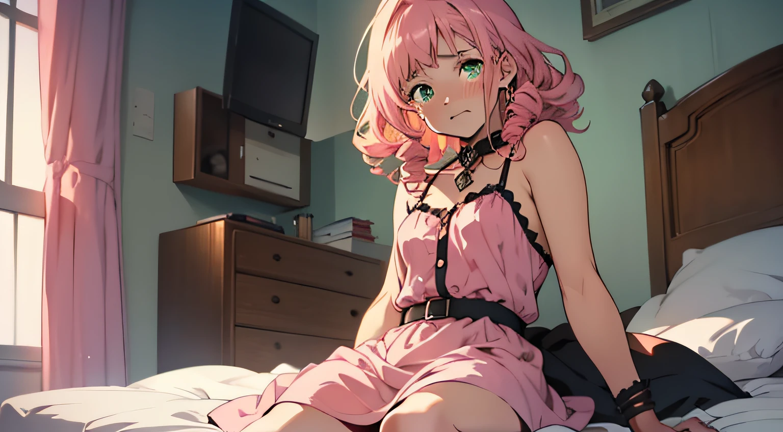 ((Best Quality: 1.0), (Super High Resolution: 1.0)), anime style, pink curly hair, a cute beautiful girl, green eyes, pink dress, big eyes, sitting on the edge of the bed crying