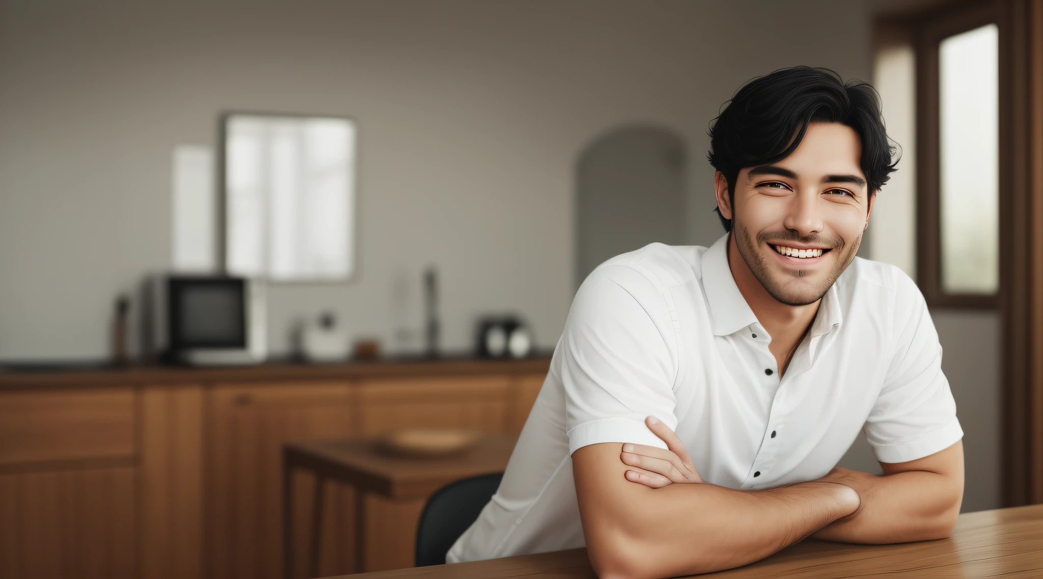 Lonely white man with black hair smiling --auto