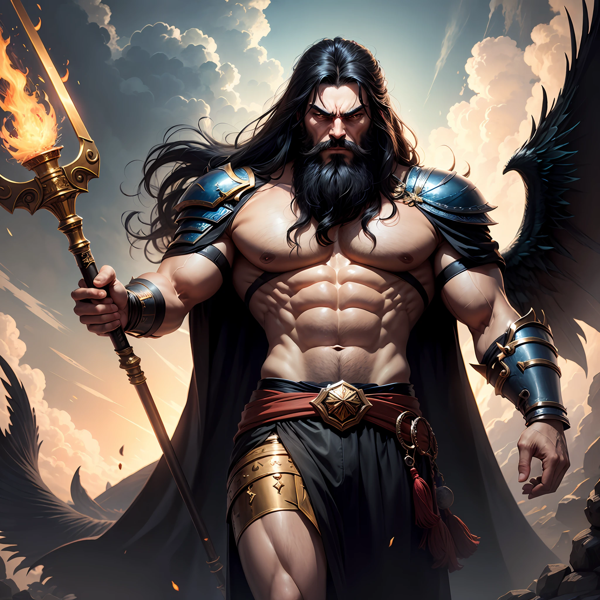 A man like Persian king Darius the Great, long black beard like Achaemenid Persian, Very long beards, angry, real quality like game, 4k, very muscular body, long black hair, two big black wings, iron scepter in hand, angry and angry, like God, like Persian king Darius, his face like super villain , the weather is stormy and rainy, he looks at the sky, high quality --auto