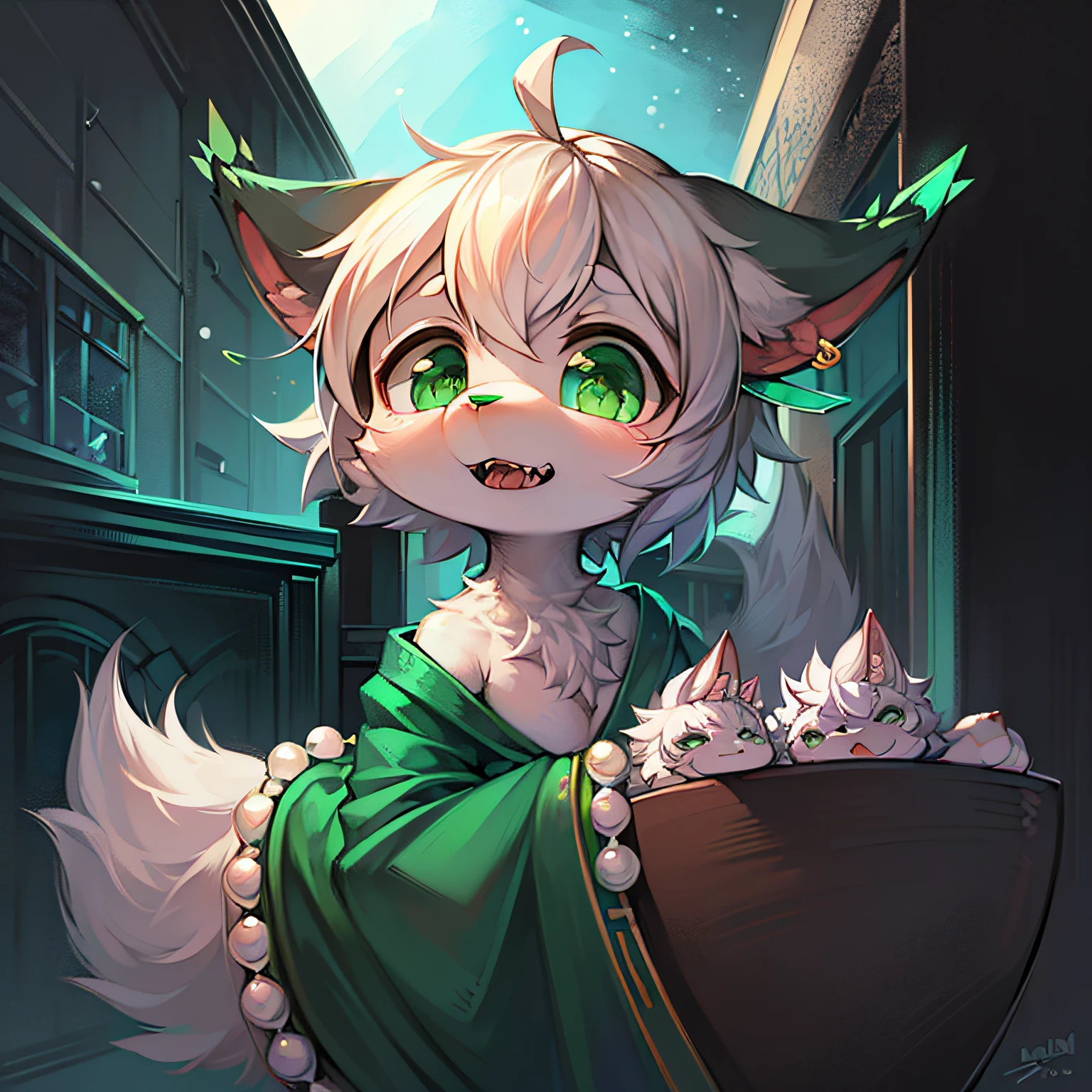 Bright environment, high quality, fine details, absurd resolution, digtial painting\ (artwork of a\), headshot, front face, looking down left, original character appearance, original character color, solo, (dragon, toddler, fluffy fur, character focus: 1.0), short hair, bright eyes, furry, (emerald green eyes, Pearl white hair: 1.0), (long canine teeth: 1.0), expressionless, (face details, ear details: 1.0)
