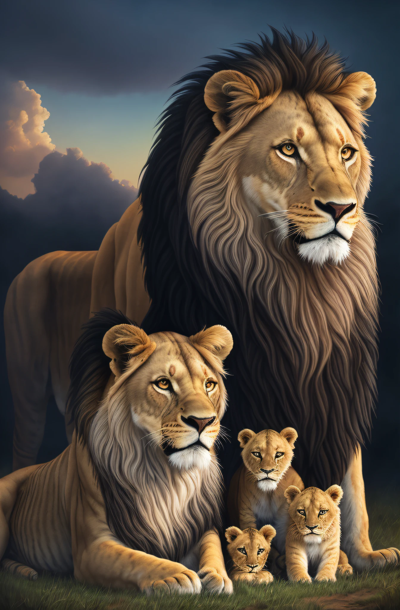 An oil painting of , a lion with a lioness and her family of four cubs in front of a vibrant, epic, hdr, hyper-detailed, cinematic, soft colors, foggy, hyper realistic bg painting