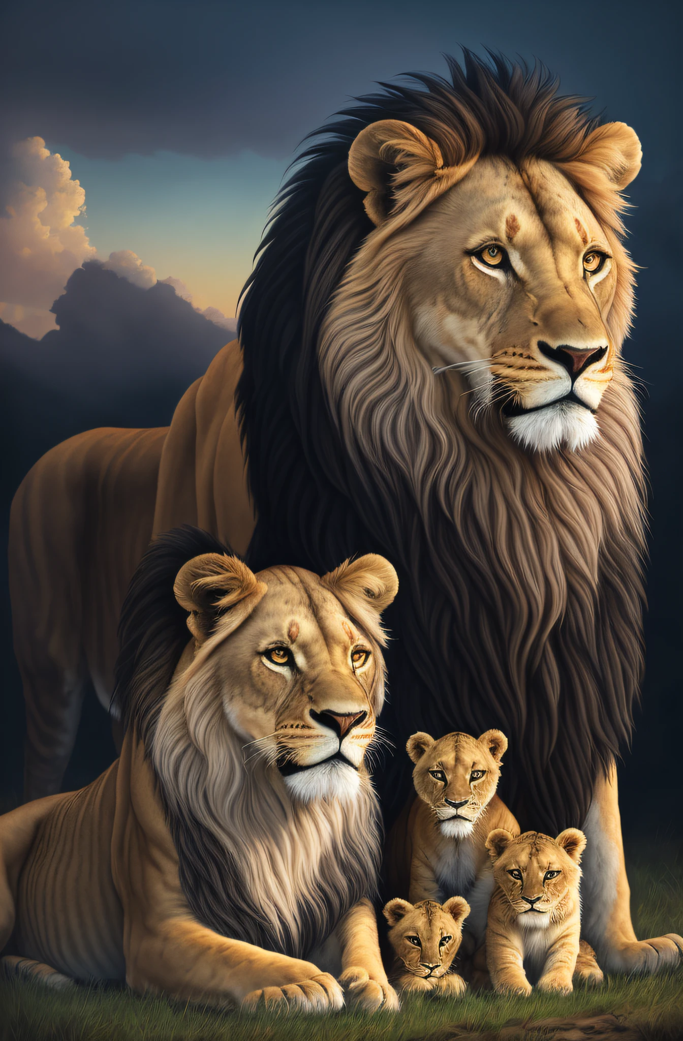 An oil painting of , a lion with a lioness and her family of four cubs in front of a vibrant, epic, hdr, hyper-detailed, cinematic, soft colors, foggy, hyper realistic bg painting