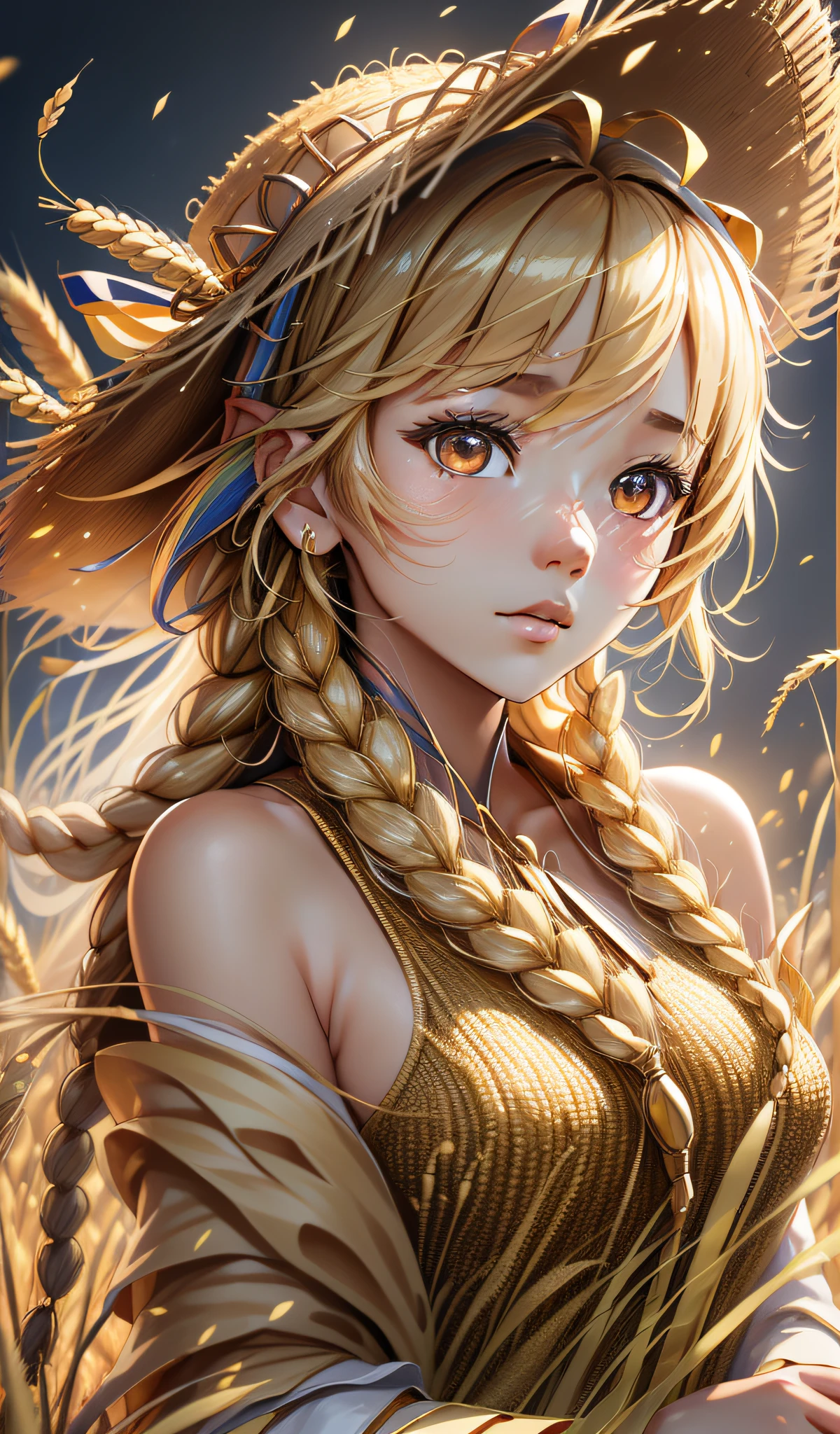 (An 18-year-old Asian woman, Mangseed, harvest wheat field, classical Chinese woman, long hair twisted braids, wearing a straw hat, with golden ears of wheat costume details, the best image quality, realistic photos, background harvest #aesthetic #热门小说 ears of wheat, costume with golden ears of wheat texture decoration, embrace sparkling golden ears of wheat, motion capture, incredible detail, sharpening, summer, ultra-fine hair, Full lens, flowing, realism, delicate and delicate, colorful, super high quality, 3D effect, CG rendering,--ar 3:4 --s 180 --q 5 --niji 5)