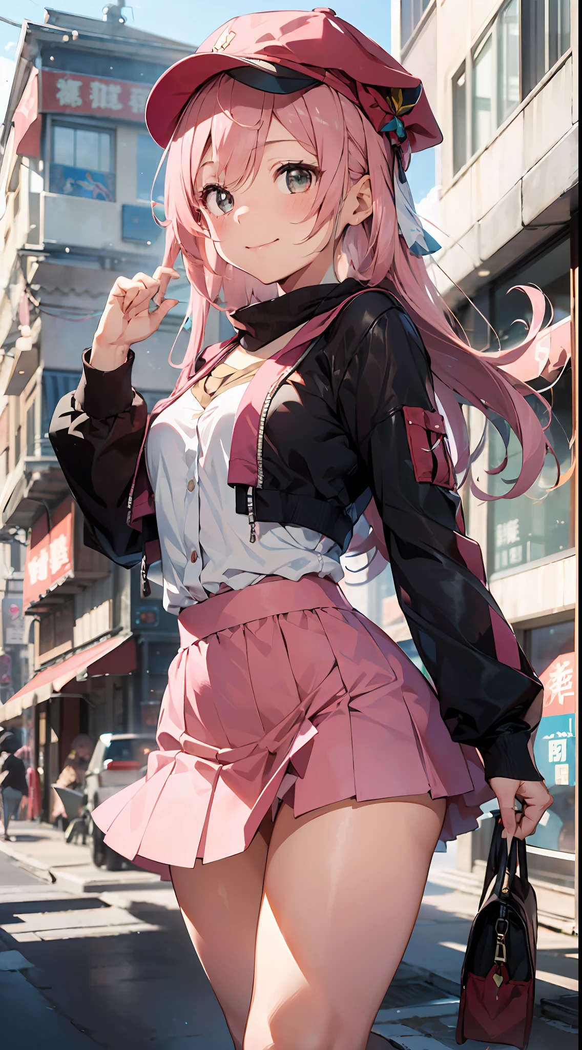 1 Girl, (Solo:1.2), ((Masterpiece)), [Slim], (Small), ((Fine Eyes)), (Bokeh Effect), Dynamic Pose, Medium Shot, Yang Fei, Pink Hair, Red Hat, Closed Mouth, Smile, (Pink Theme), Pink Skirt, Midryf, Anime Illustration