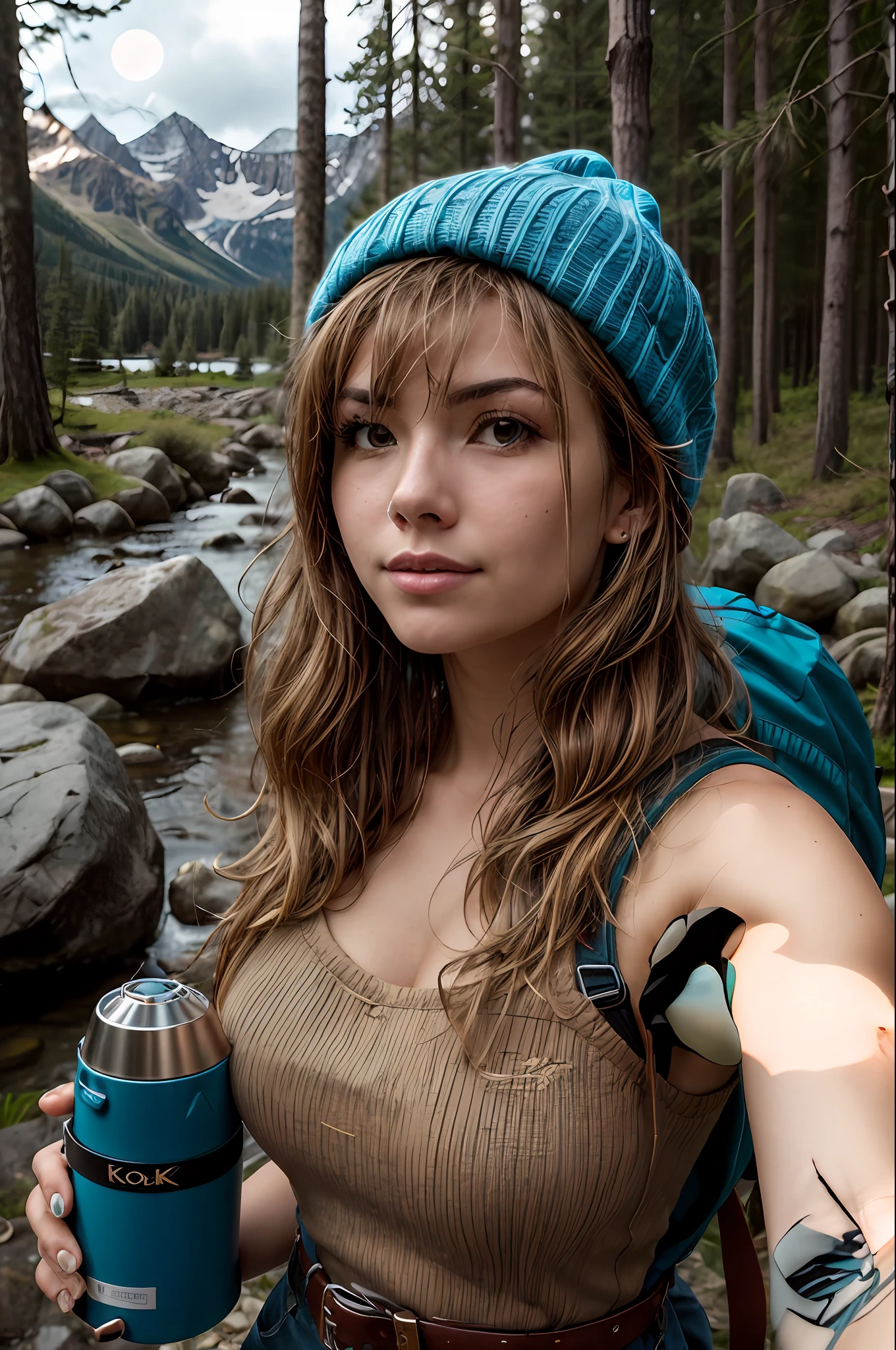 VeronicaCipher ((upper body selfie, happy)), masterpiece, best quality, ultra-detailed, solo, outdoors, (night), mountains, nature, (stars, moon) cheerful, happy, backpack, sleeping bag, camping stove, water bottle, mountain boots, gloves, sweater, hat, flashlight, forest, rocks, river, wood, smoke, shadows, contrast, clear sky, analog style (look at viewer:1.2) (skin texture) (film grain:1.3), (warm hue, warm tone) :1.2), close up, cinematic light, sidelighting, ultra high res, best shadow, RAW, upper body,  , wearing pullover
kodak vision 3,