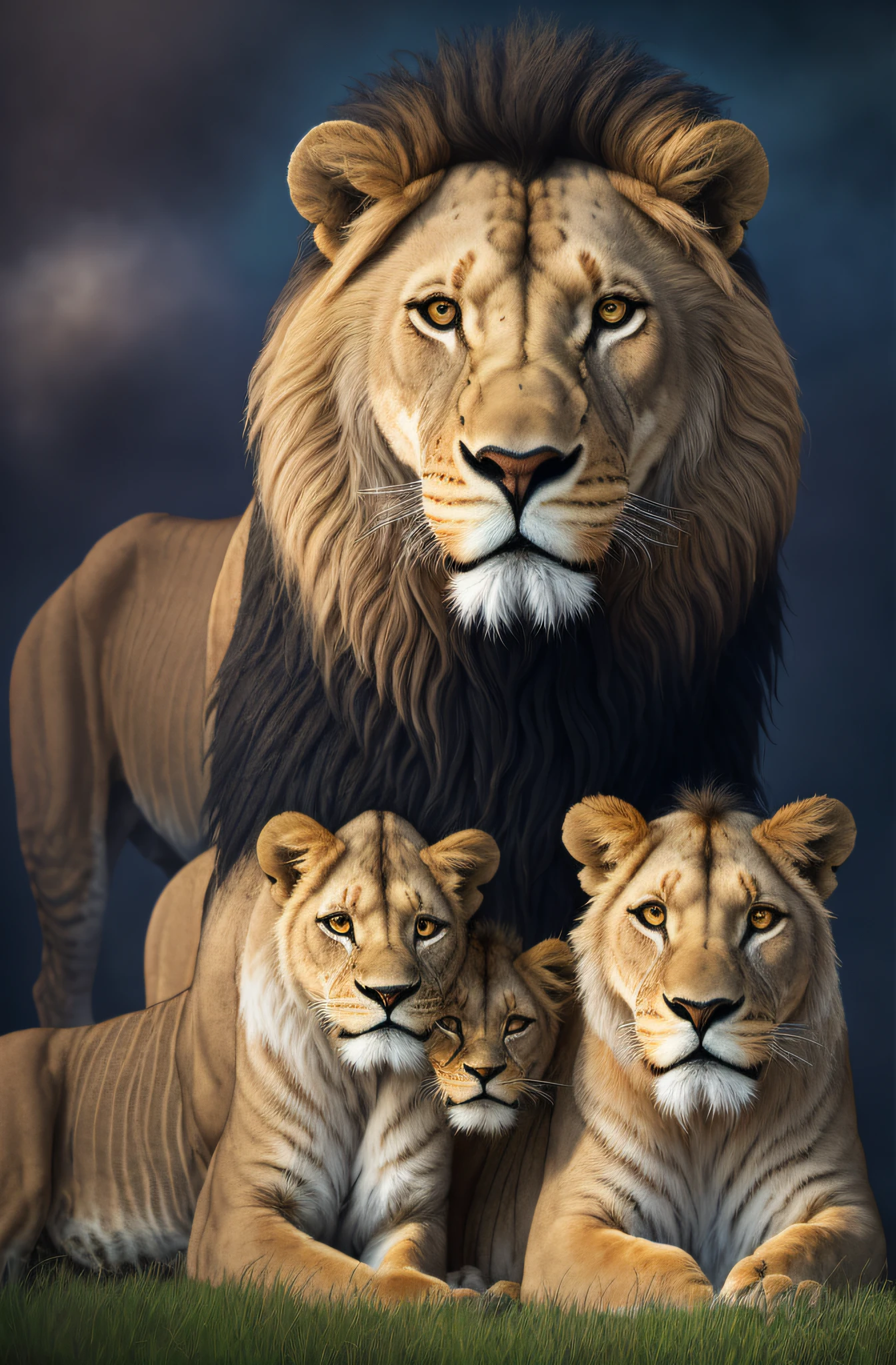 An oil painting of , a lion with a lioness and her family of four cubs in front of a vibrant, epic, hdr, hyper-detailed, cinematic, soft colors, foggy, hyper realistic bg painting