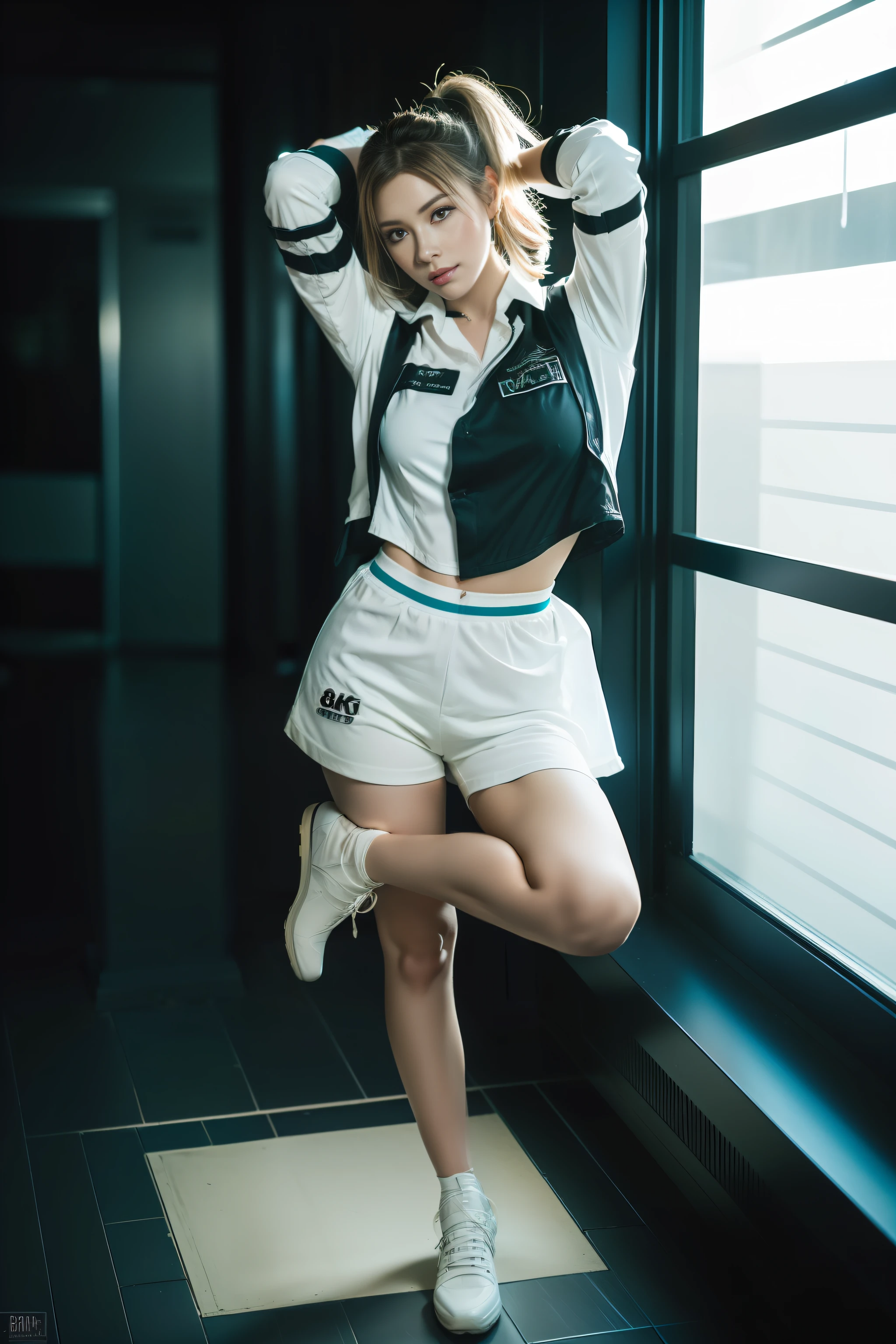 ( (8k:1.27), best quality, masterpiece, ultra highres:1.2) Photo of dark-skinned gyaru (beautiful:1.1) (sci-fi warrior woman:1.1) space soldier, (shortcut:1.61) (white shirt:1.21) intricate elegant, fantasy, detailed, ometric by greg rutkowski and alphonse mucha, gradient lighting