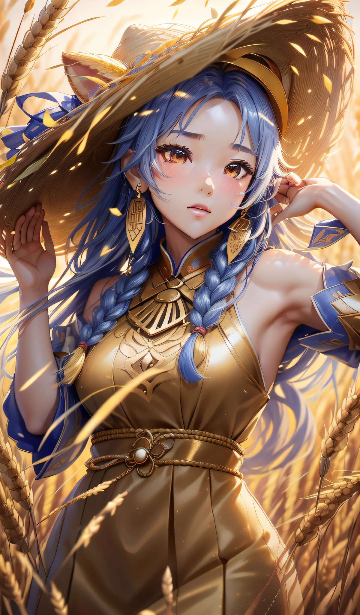 (An 18-year-old Asian woman, Mangseed, harvest wheat field, classical Chinese woman, long hair twisted braids, wearing a straw hat, with golden ears of wheat costume details, the best image quality, realistic photos, background harvest #aesthetic #热门小说 ears of wheat, costume with golden ears of wheat texture decoration, embrace sparkling golden ears of wheat, motion capture, incredible detail, sharpening, summer, ultra-fine hair, Full lens, flowing, realism, delicate and delicate, colorful, super high quality, 3D effect, CG rendering,--ar 3:4 --s 180 --q 5 --niji 5)