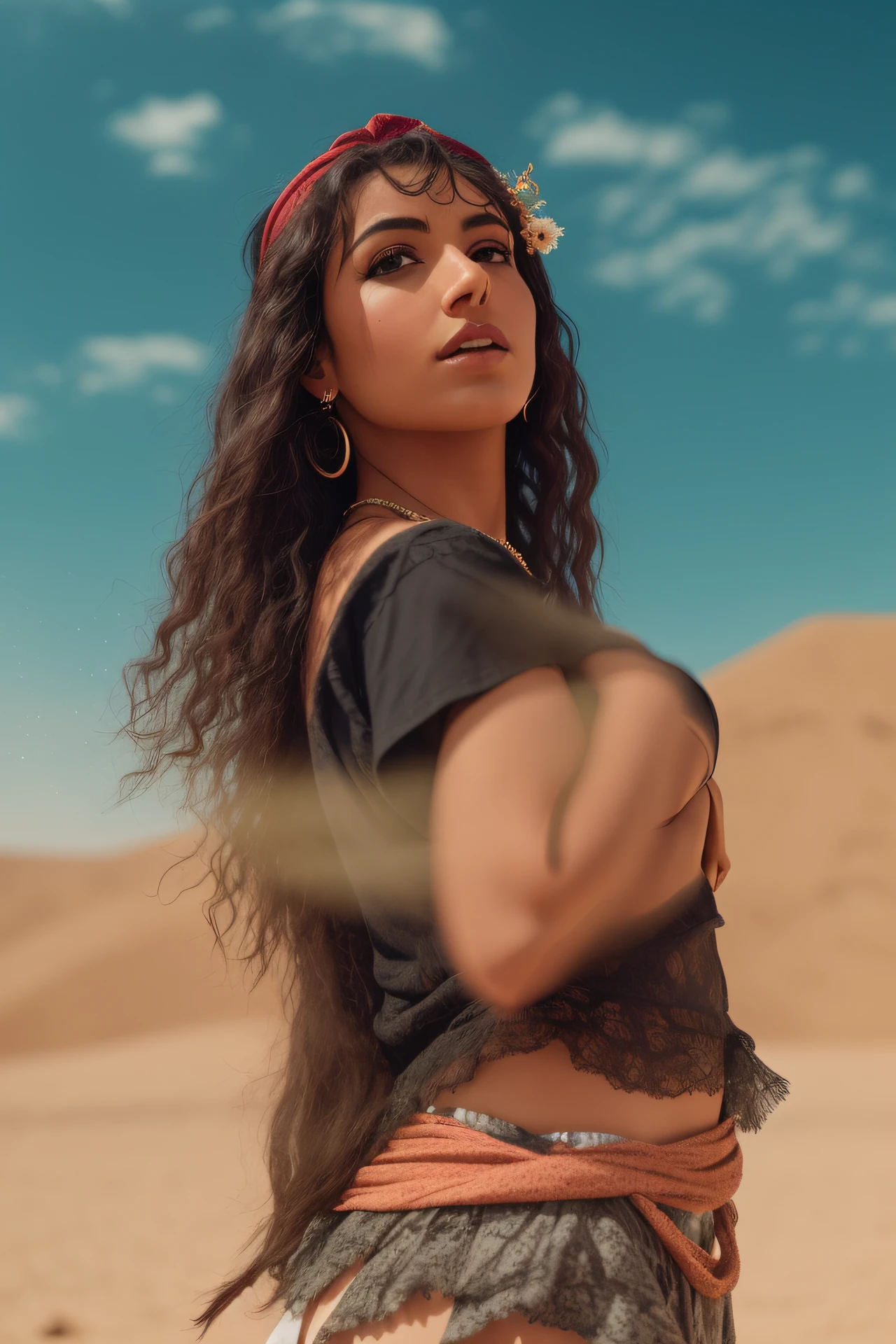 araffe woman in a desert with a red headband and a black top, ashteroth, photoshoot, african ameera al taweel, shot on canon eos r 5, shot on canon eos r5, portrait of bedouin d&d, photo portrait, high quality portrait, photo shoot, in a desert, modeling photography, music video, ultra realistic, hyper detailed, 8k
