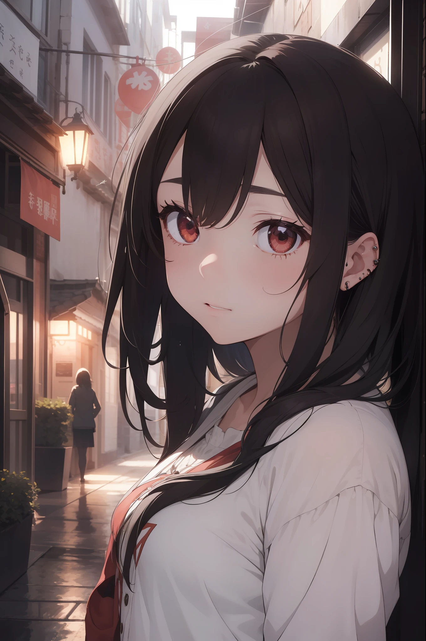 (extremely detailed CG unity 8k wallpaper,masterpiece, best quality, ultra-detailed, beautiful detailed eyes:1.2),best illumination, (best shadow, an extremely delicate and beautiful, bloom),
1gril,solo,In the heart of a sprawling metropolis, a young girl named Hana finds herself standing alone in the depths of a dimly lit and eerie alley. The atmosphere is thick with an unsettling ambiance, the darkness seeming to dance around her. With her short grey hair and piercing red eyes, she exudes an air of mystery and quiet determination.Hana, burdened by a tragic past, possesses a unique power—one that allows her to sense and interact with supernatural entities that dwell in the shadows. She has made it her mission to confront these otherworldly beings, seeking to understand their origins and purpose in this realm.