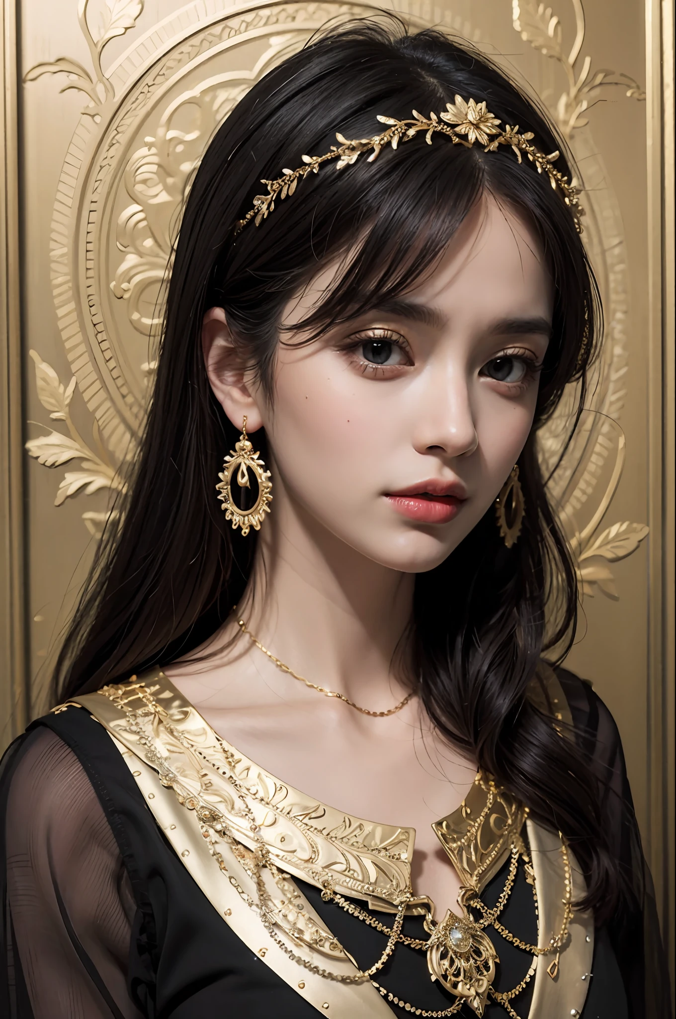 (masterpiece, top quality, best quality, official art, beautiful and aesthetic:1.2), (1girl), extreme detailed,colorful,highest detailed, official art, unity 8k wallpaper, ultra detailed, beautiful and aesthetic, beautiful, masterpiece, best quality, (zentangle, mandala, tangle, entangle) ,holy light,gold foil,gold leaf art,glitter drawing, PerfectNwsjMajic