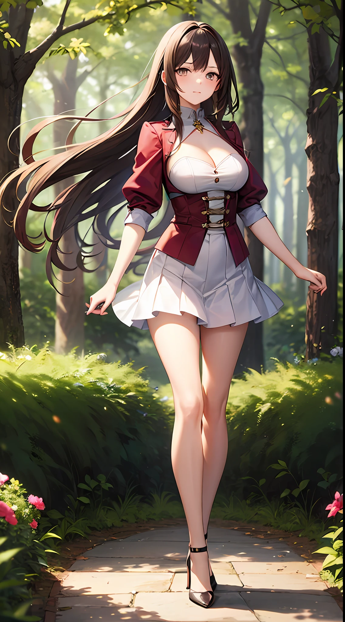 brown hair, long hair, pony tail, cleavage, medium breast, skirt, slim legs, fighter, forest, guild