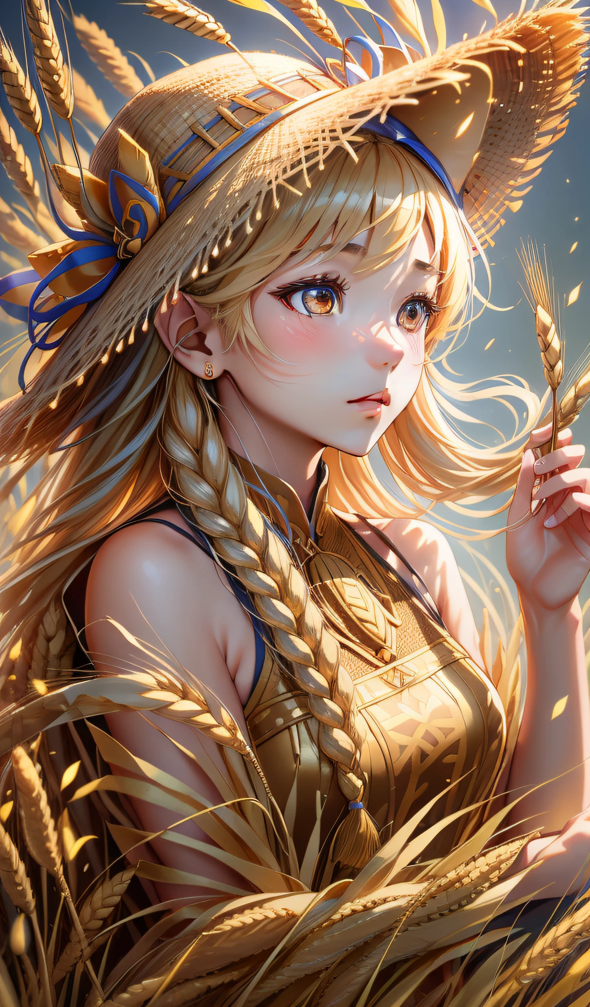 (An 18-year-old Asian woman, Mangseed, harvest wheat field, classical Chinese woman, long hair twisted braids, wearing a straw hat, with golden ears of wheat costume details, the best image quality, realistic photos, background harvest #aesthetic #热门小说 ears of wheat, costume with golden ears of wheat texture decoration, embrace sparkling golden ears of wheat, motion capture, incredible detail, sharpening, summer, ultra-fine hair, Full lens, flowing, realism, delicate and delicate, colorful, super high quality, 3D effect, CG rendering ,--ar 3:4 --s 180 --q 5 --niji 5) gloves