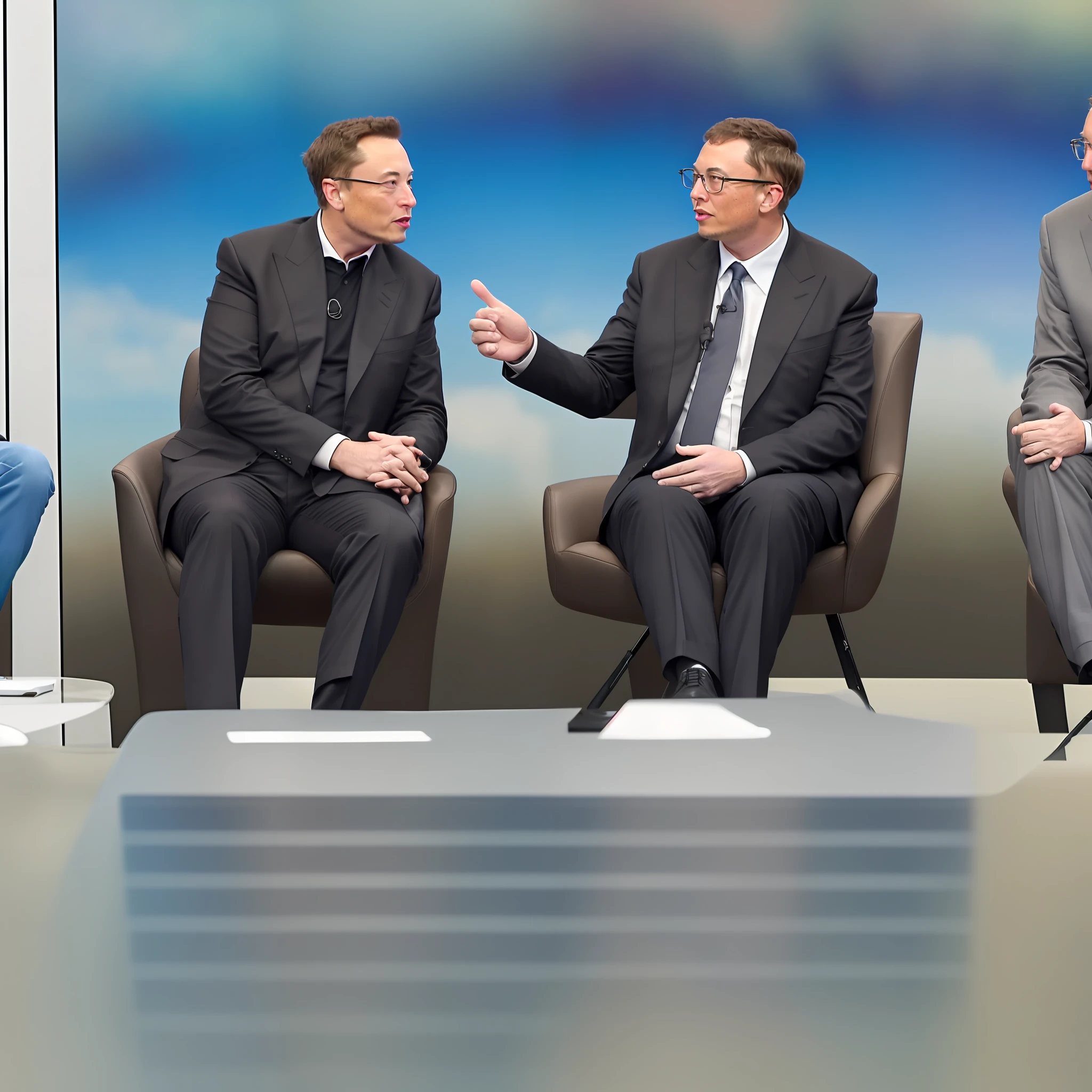 (Create a photo) {prompt} of Elon Musk, Stevien Jobs and Bill Gates talking to each other.