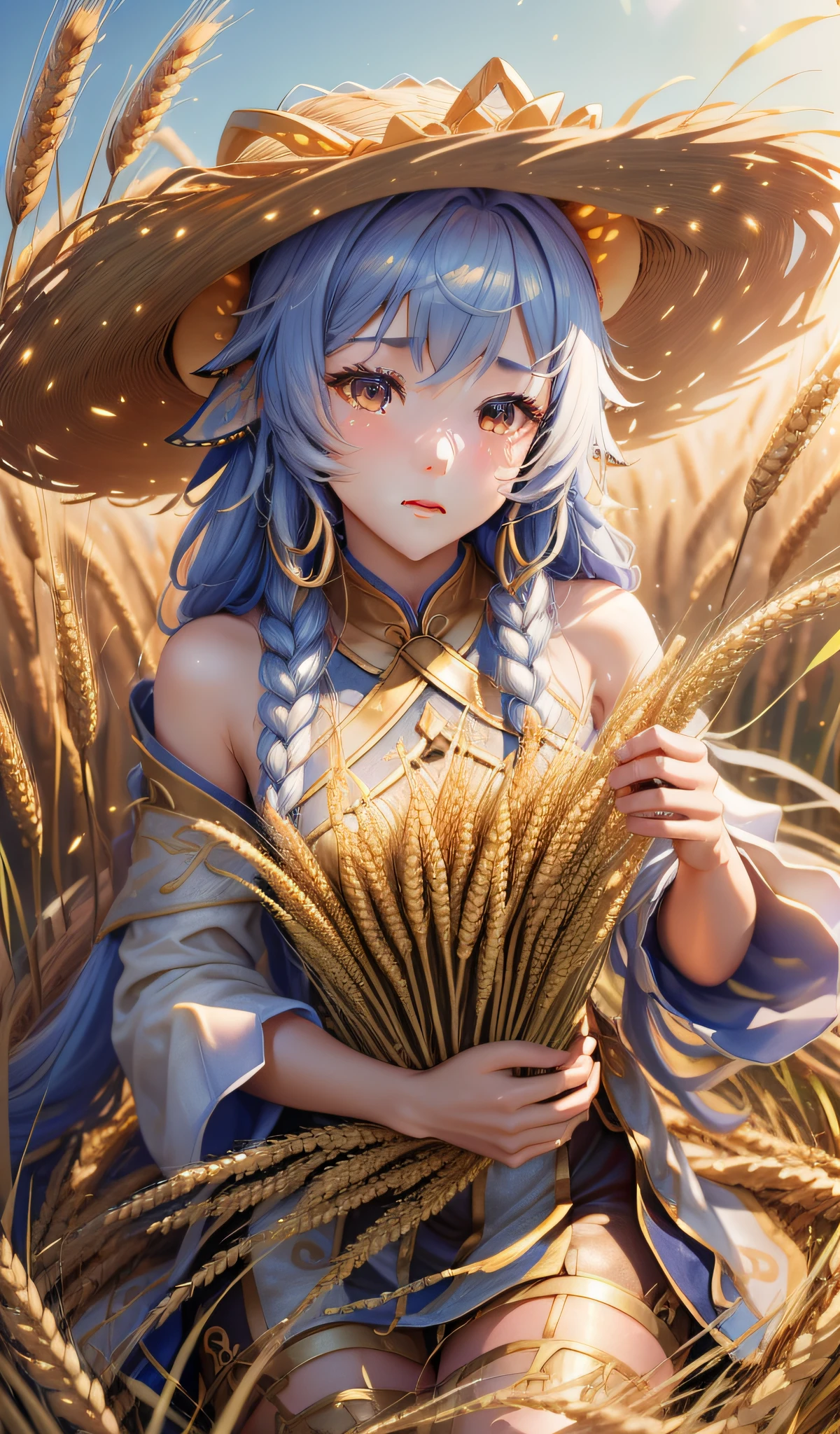 (An 18-year-old Asian woman, Mangseed, harvest wheat field, classical Chinese woman, long hair twisted braids, wearing a straw hat, with golden ears of wheat costume details, the best image quality, realistic photos, background harvest #aesthetic #热门小说 ears of wheat, costume with golden ears of wheat texture decoration, embrace sparkling golden ears of wheat, motion capture, incredible detail, sharpening, summer, ultra-fine hair, Full lens, flowing, realism, delicate and delicate, colorful, super high quality, 3D effect, CG rendering ,--ar 3:4 --s 180 --q 5 --niji 5) gloves