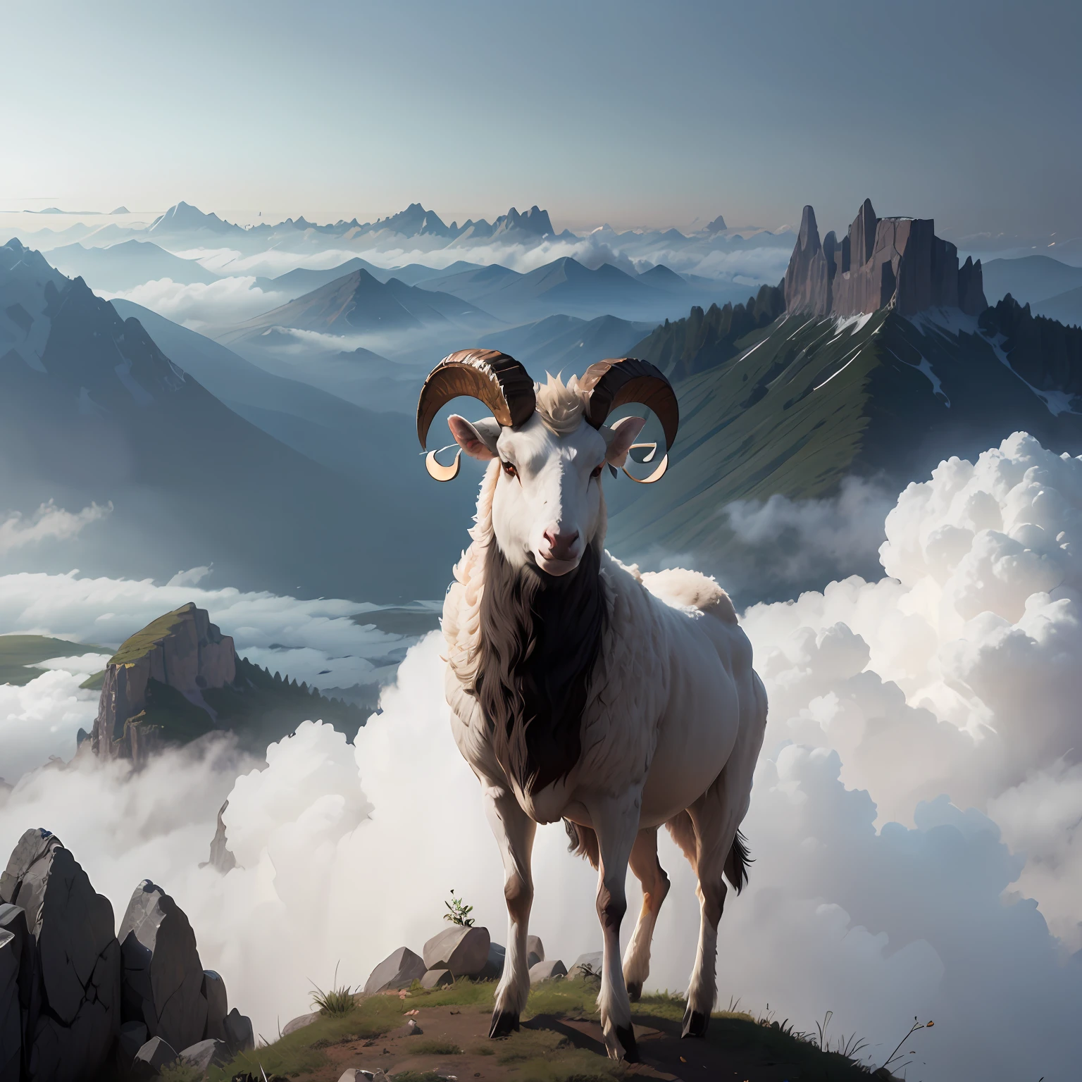 Snow ram (Ovis nivicola), Brown, imposing standing on a very high mountain, on the summit of the mountain, powerful, solitary with clouds and fog, strong realistic, muscular male northeast of Siberia. It lives mainly in mountains, especially in the Putorana mountains. --auto