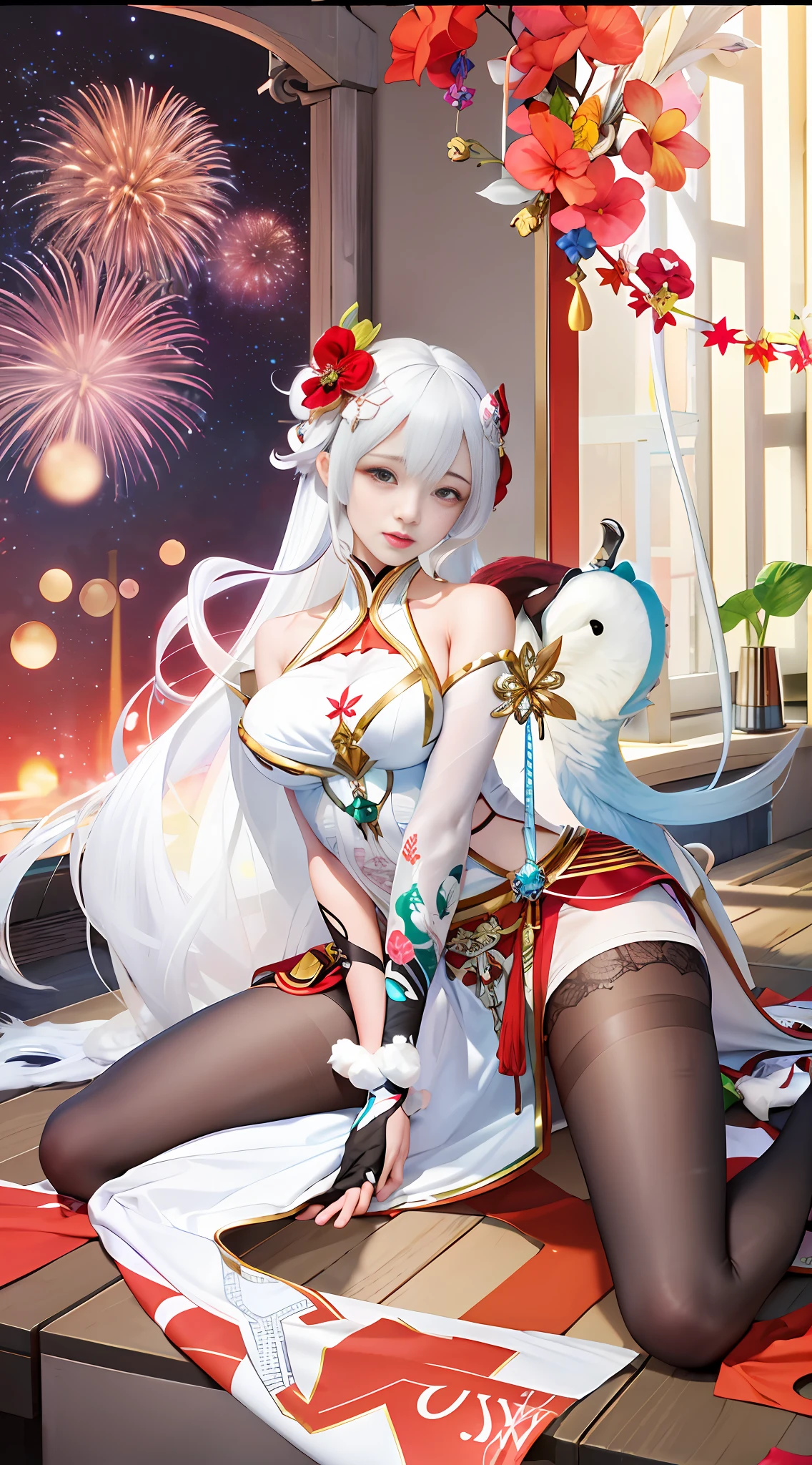 Anime girl sitting on the floor with white hair and white dress, Onmyoji, Onmyoji detailed art, White haired god, Onmyoji portrait, Ayaka Genjin impact