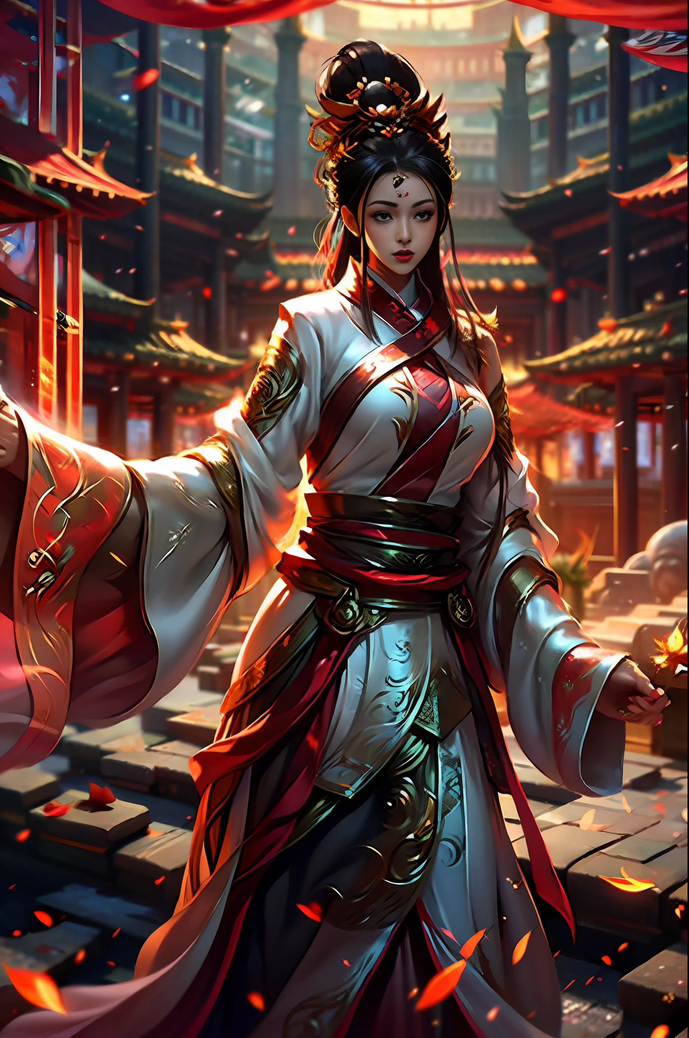 Official Art, Unity 8k wallpaper, ultra-detailed, beautiful, beautiful, masterpiece, best quality, mystery, romanticism, horror, literature, art, fashion, tang dynasty era, decoration, intricate, embroidery, red hanfu, red tulle jacket, 1 girl, big breasts, black hair, red headband, red hairpin, sad, fatalistic, bust composition, dramatic composition, movie lighting, dynamic perspective, sexy, bare thighs, bare shoulders, full of temptation, red maple forest, maple leaves falling, Red maple background, cloudy mist, dramatic composition,