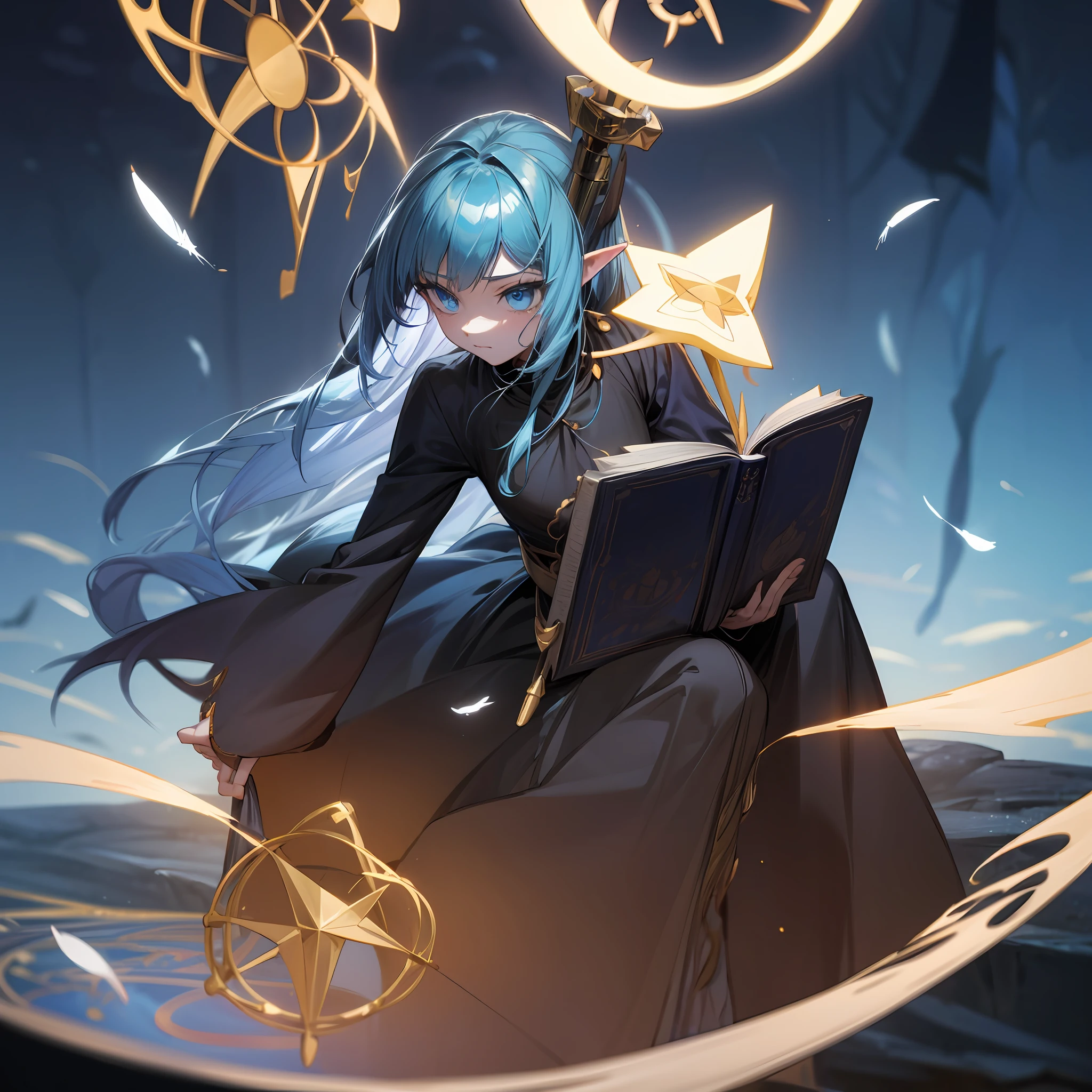 Death,blood,night, dark, (Fantasy),Infinite,deep blue sky,The abyss of knowledge,kowledge,(((masterpiece))),((best quality))),((beautiful fine eyes)),(eyelashes), monster, (one girl), blue-haired, long-haired, abyss-abyss eyes, glossy skin, oil, small, (bird body, feathers), tattered cloth, teen, elf, super fine CG unity 8k wallpaper, masterpiece, ((super detailed)), ((illustration)),colorful,wallpaper,energy,fear of the unknown,puzzle,around magic,magic periphery,magic wand,book,flying page,knowing everything,predicting future,knowing the past,infinite wisdom,blue flame,warlock,magic circle, five-pointed stars, spells, mantras, singing magic, --auto