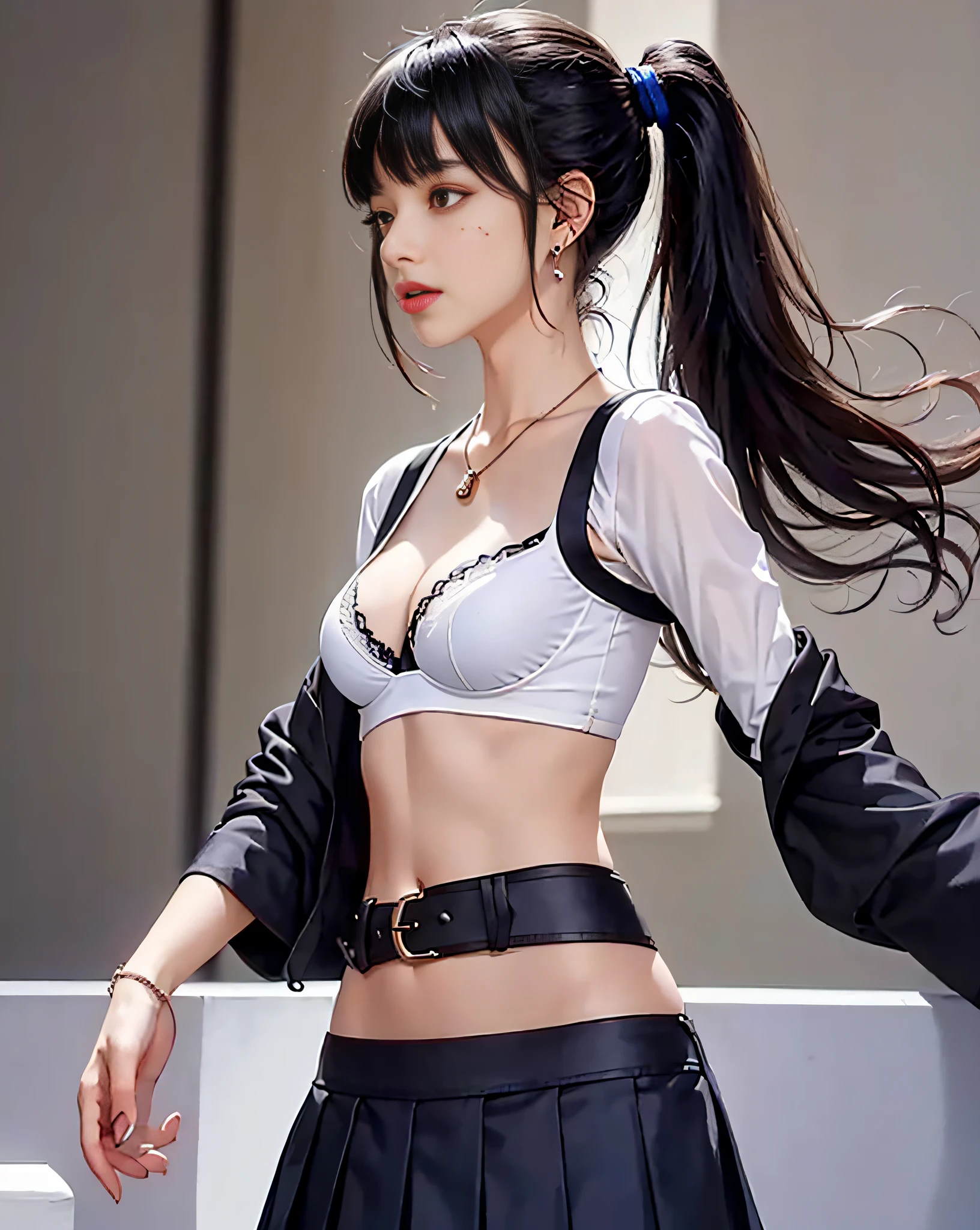 (Masterpiece, Best Quality, 1 Girl, Solo, Intricate Detail, Chromatic Aberration), (Reality), (Skin), 1 Girl Shizuku High Ponytail, ((Middle Breath)), (Brunet, Blunt Bangs), Detailed Hair, Red Heador, Blue Highlight, Hair More Than One Eye, Red Eye, Small Earrings, Sharp Eyes, Necklace, ((Black Crop Top Openwork)), (Symmetrical Eyes), (Perfectly Symmetrical Body), ((Natural Light))), Backlit, against gray walls, dim lighting, standing, (looking at the audience), ((Center shot, from the front, (face and waist) pronounced chest line Deep V realistic, high resolution, 1 girl, black wavy hair, small mole under the eyes, white shirt, black pleated skirt, pronounced chest line, long legs, tight abs, dynamic pose, catwalk Chest line Black pleated skirt Jacket revealing white bra Navel eyes High ponytail