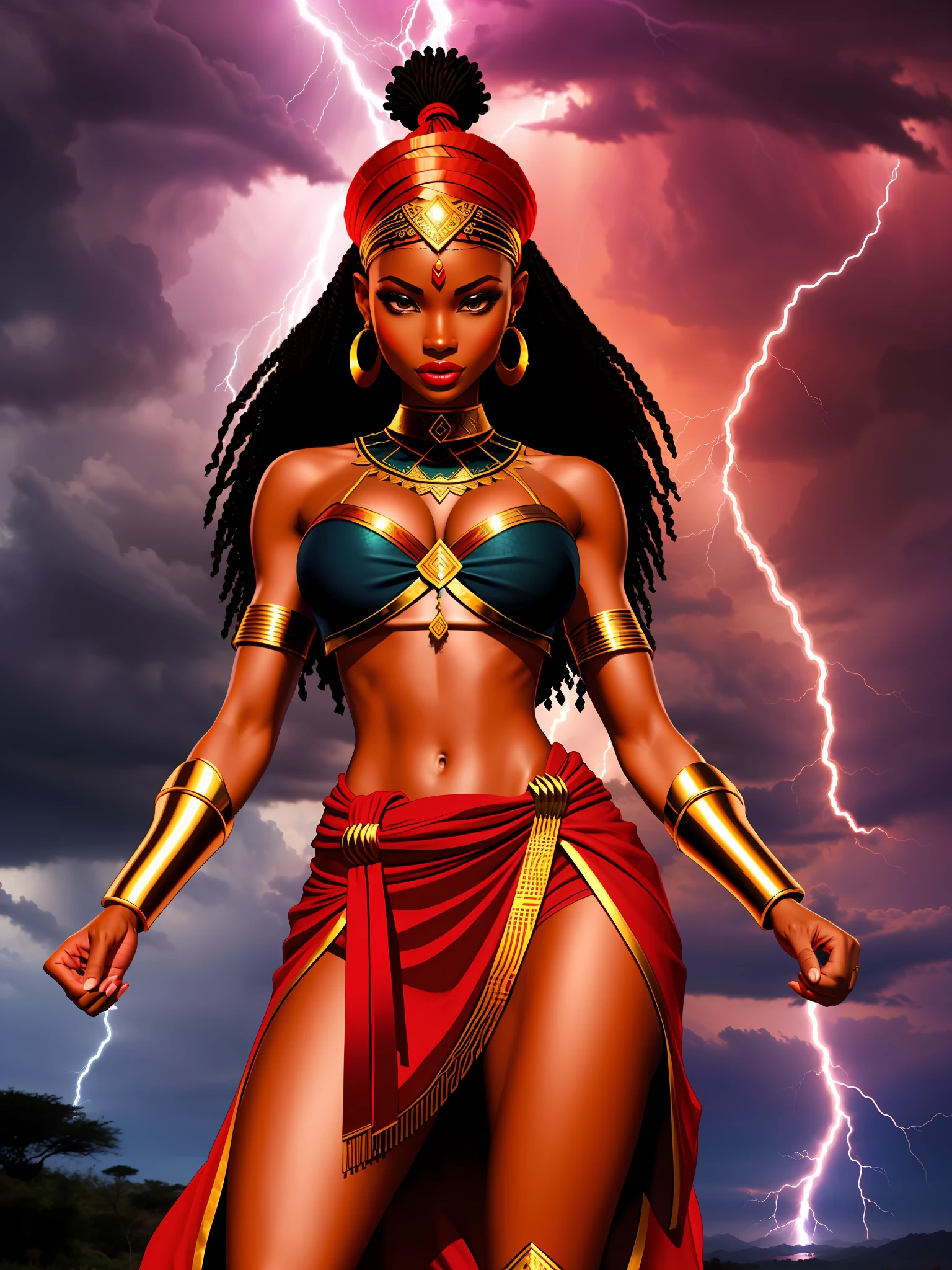 I want to create an African warrior woman like the Oya orisha and she has the power of lightning and the dead. Your clothes have red color