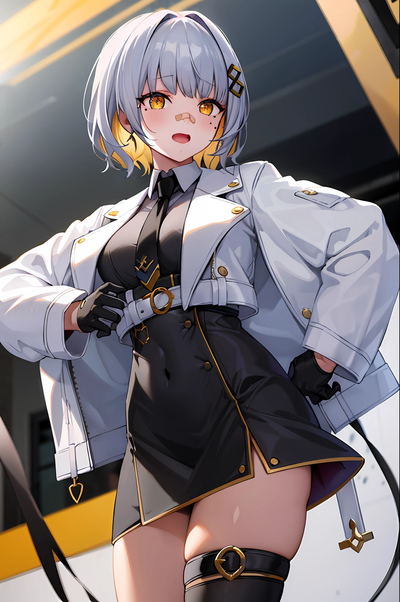 masterpiece, hachi_(vtuber), 1girl, embarrassed, gloves, virtual youtuber, jacket, blonde hair, black gloves, tie, white jacket, short hair, hair ornament, cropped jacket, multicolored hair, yellow eyes, long sleeves, thighs, black tie, gray hair, black skirt, skirt, black dress, shirt, mole under the eye, cowboy shot, bandaid on nose, bandaid on face,