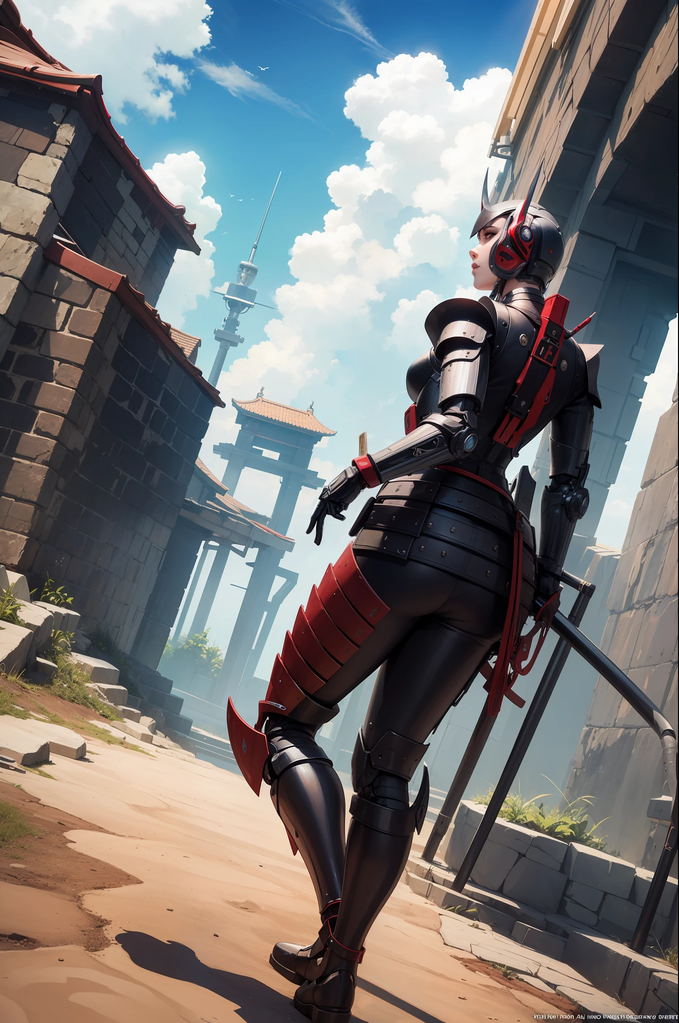 (masterpiece, top quality, best quality, official art, beautiful and aesthetic:1.2), (1girl), (full body shot), (ultra wide angle), extreme detailed,(fractal art:1.3), sexy, exotics, colorful,highest detailed, cyborgpunk, samuraipunk, tactical, armor, combat, black iron mask,all red and white armor,mechanical tail,mechanical parts, robot joints,hydraulic system,headgear,stoop down,lower one's waist,medieval battlefield,backlight fog,