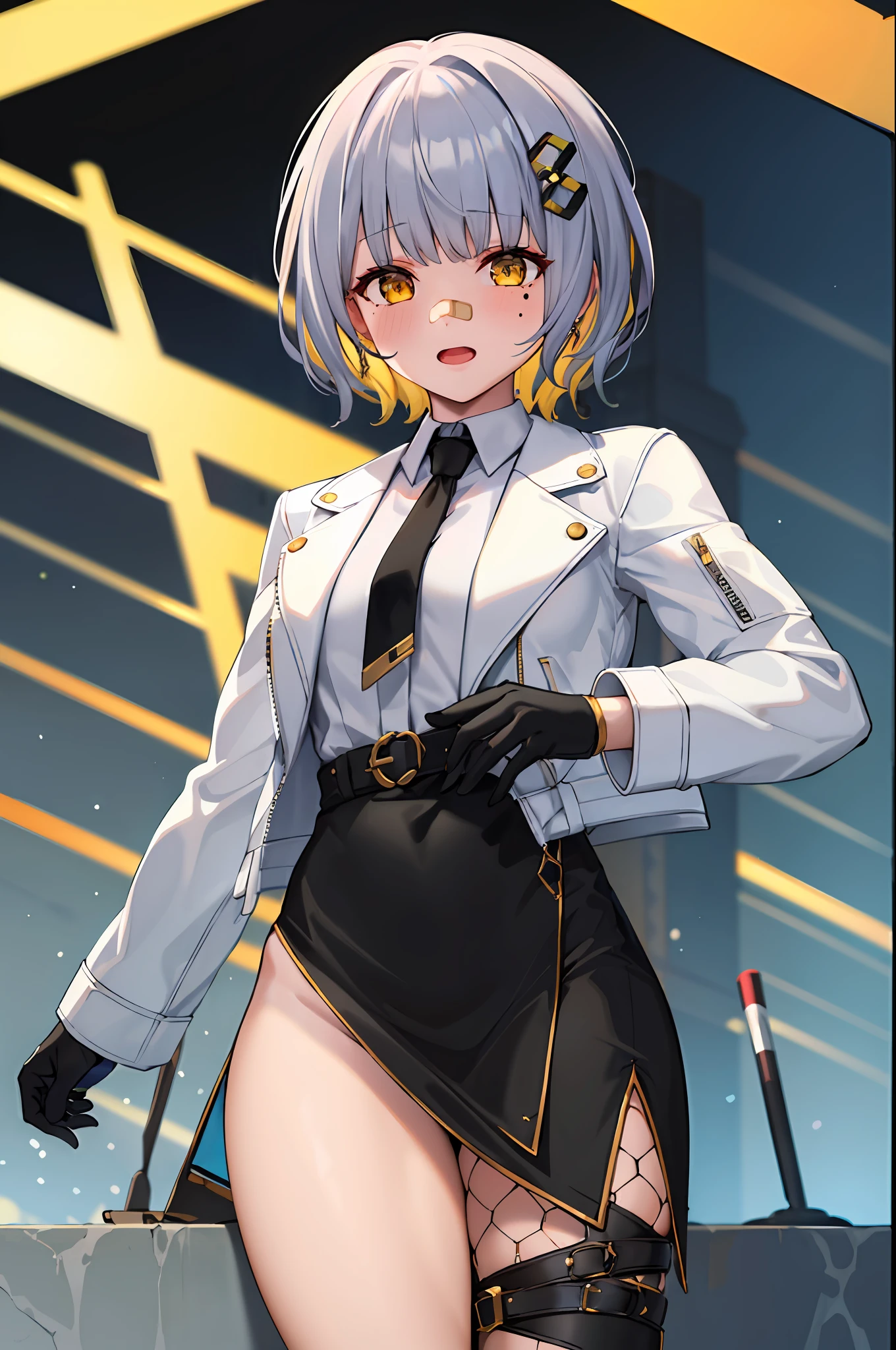 masterpiece, hachi_(vtuber), 1girl, embarrassed, gloves, virtual youtuber, jacket, blonde hair, black gloves, tie, white jacket, short hair, hair ornament, cropped jacket, multicolored hair, yellow eyes, long sleeves, thighs, black tie, gray hair, black skirt, skirt, black dress, shirt, mole under the eye, cowboy shot, bandaid on nose, bandaid on face,