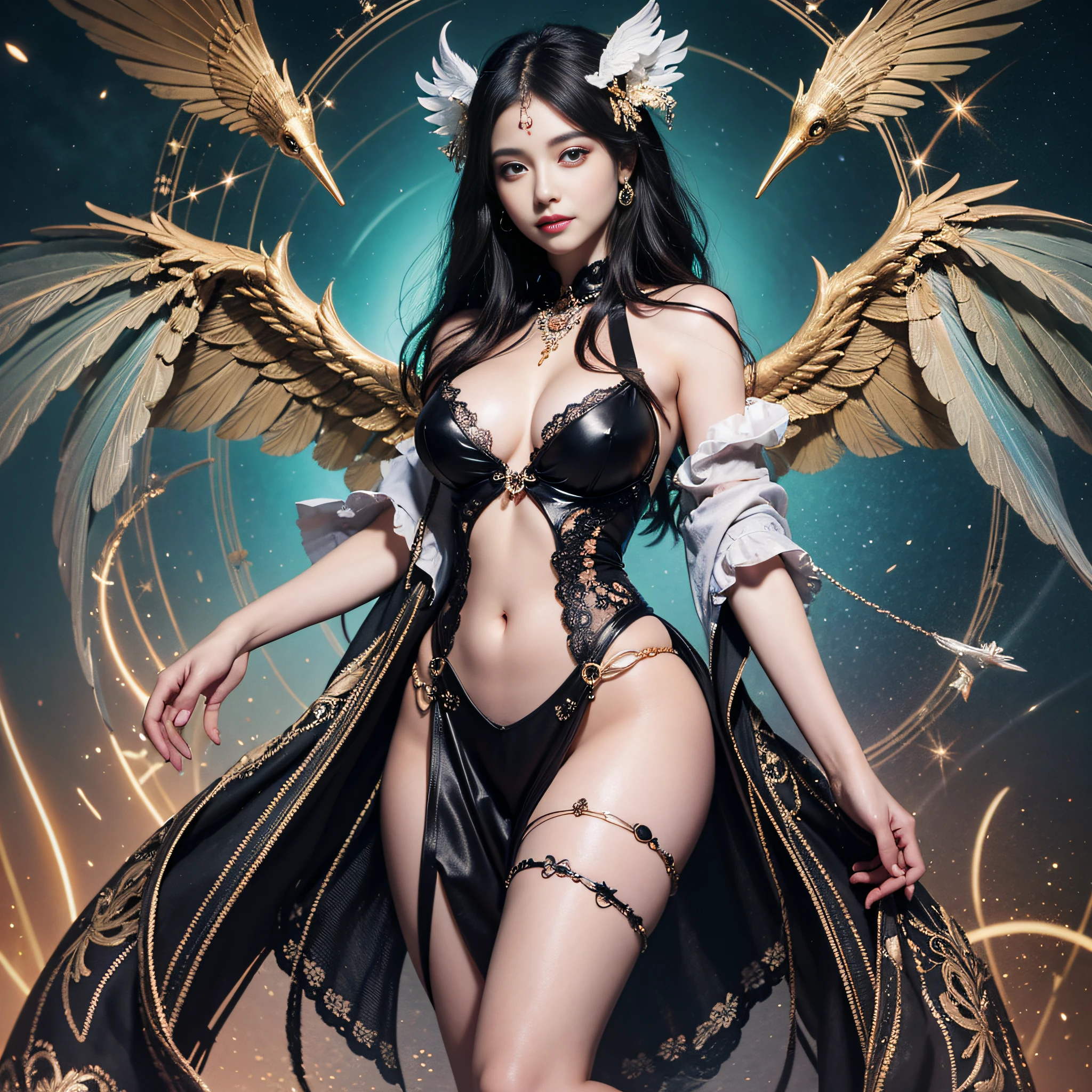 Black hair, colorful wings, colorful digital fantasy art, colorful digital art, fantasy art style, beautiful digital artwork, 4K very detailed digital art, slightly visible breasts, big eyes, light smile, 8k, very fine face, delicate lips, lovely eyes, double eyelids, slight smile, long and slender legs, lovely and sexy woman