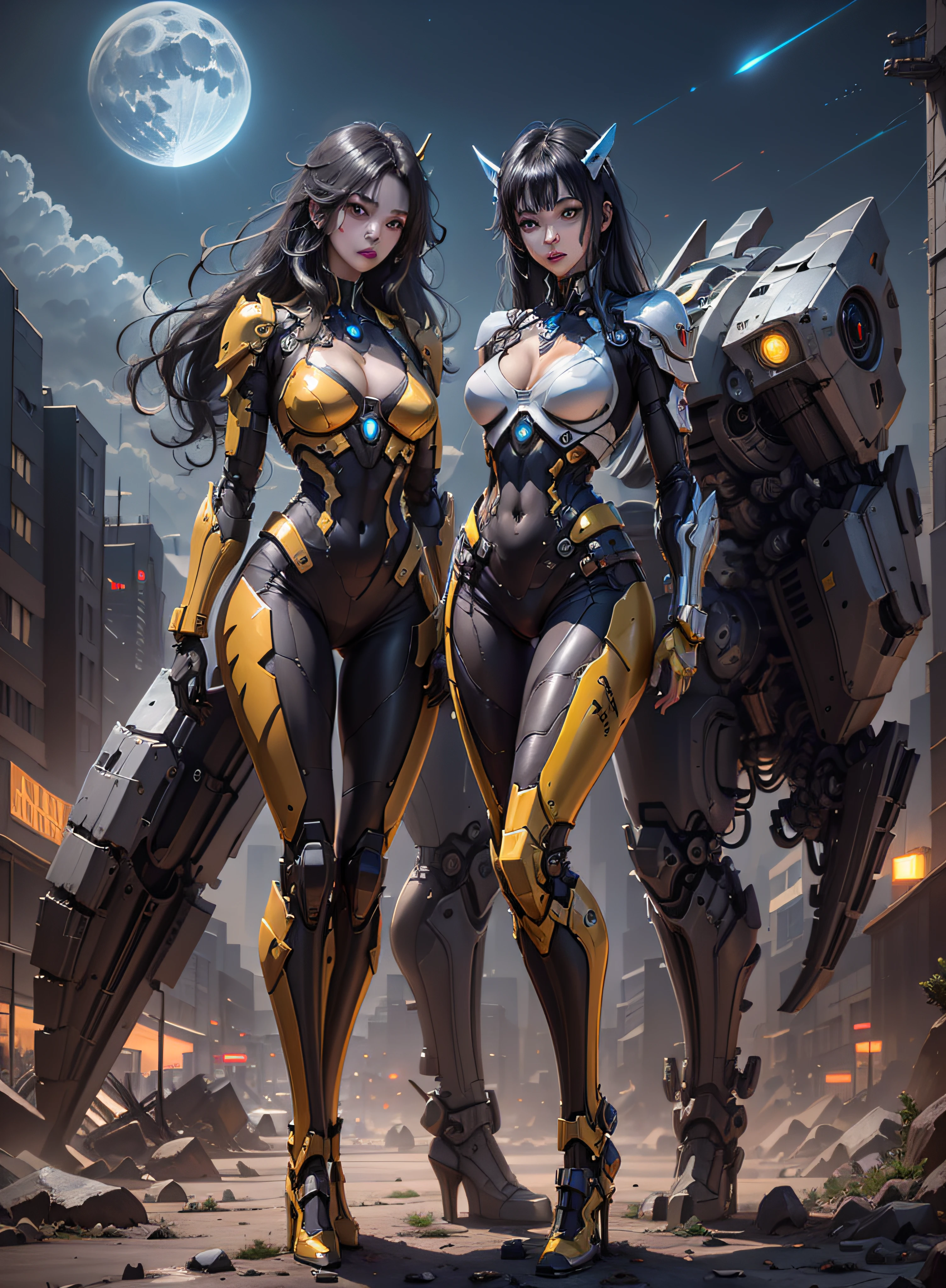 High definition (8k), Beautiful woman detailed defined body, bluish black hair, sexy full body pose wearing conan the barbarian cosplay, medium breasts, blue uniform, red, white, golden yellow high-tech, cyberpunk, futuristic, scenery with night sky with clouds, moon,