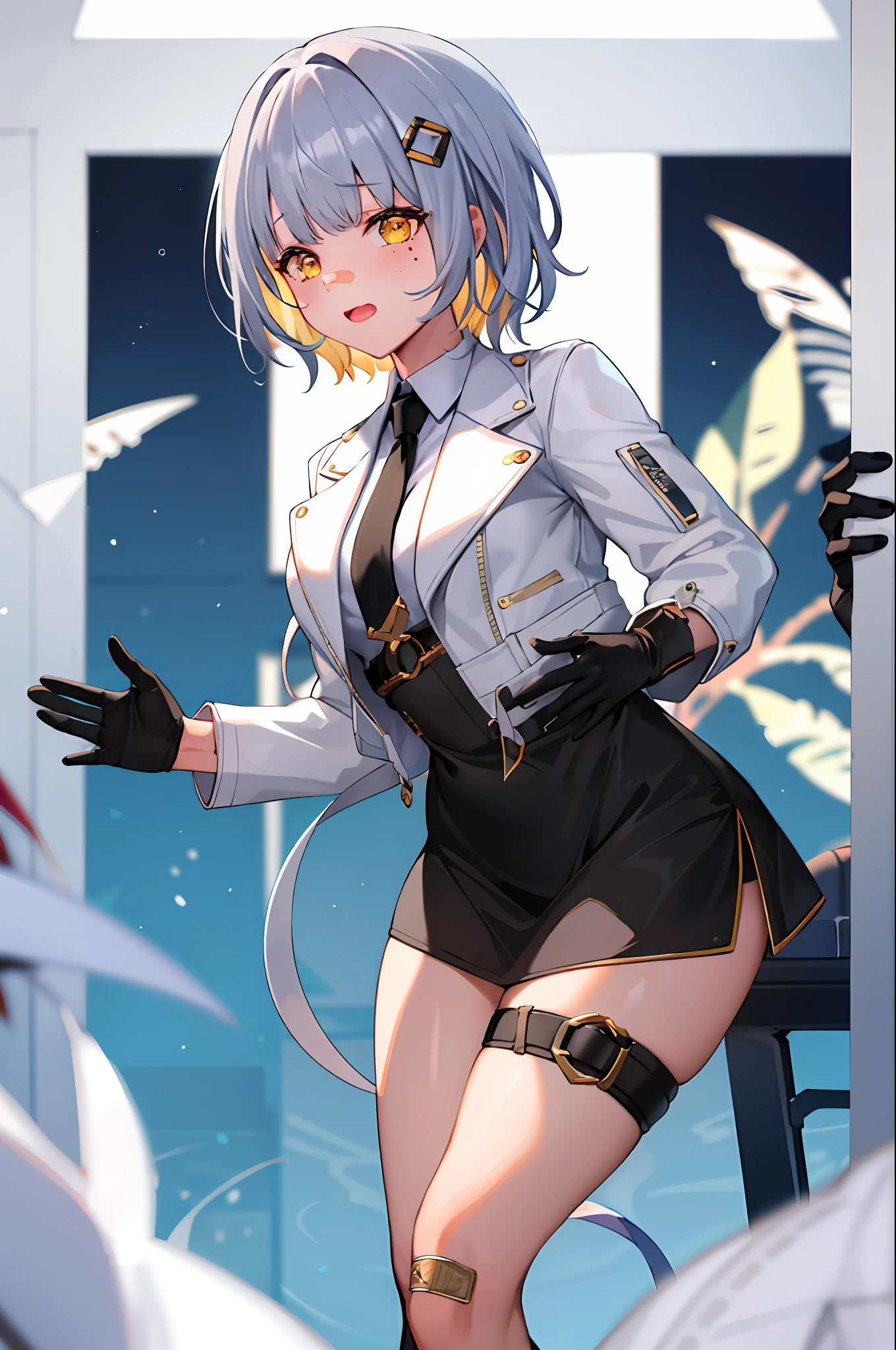 masterpiece, hachi_(vtuber), 1girl, embarrassed, gloves, virtual youtuber, jacket, blonde hair, black gloves, tie, white jacket, short hair, hair ornament, cropped jacket, multicolored hair, yellow eyes, long sleeves, thighs, black tie, gray hair, black skirt, skirt, black dress, shirt, mole under the eye, cowboy shot, bandaid on nose, bandaid on face,