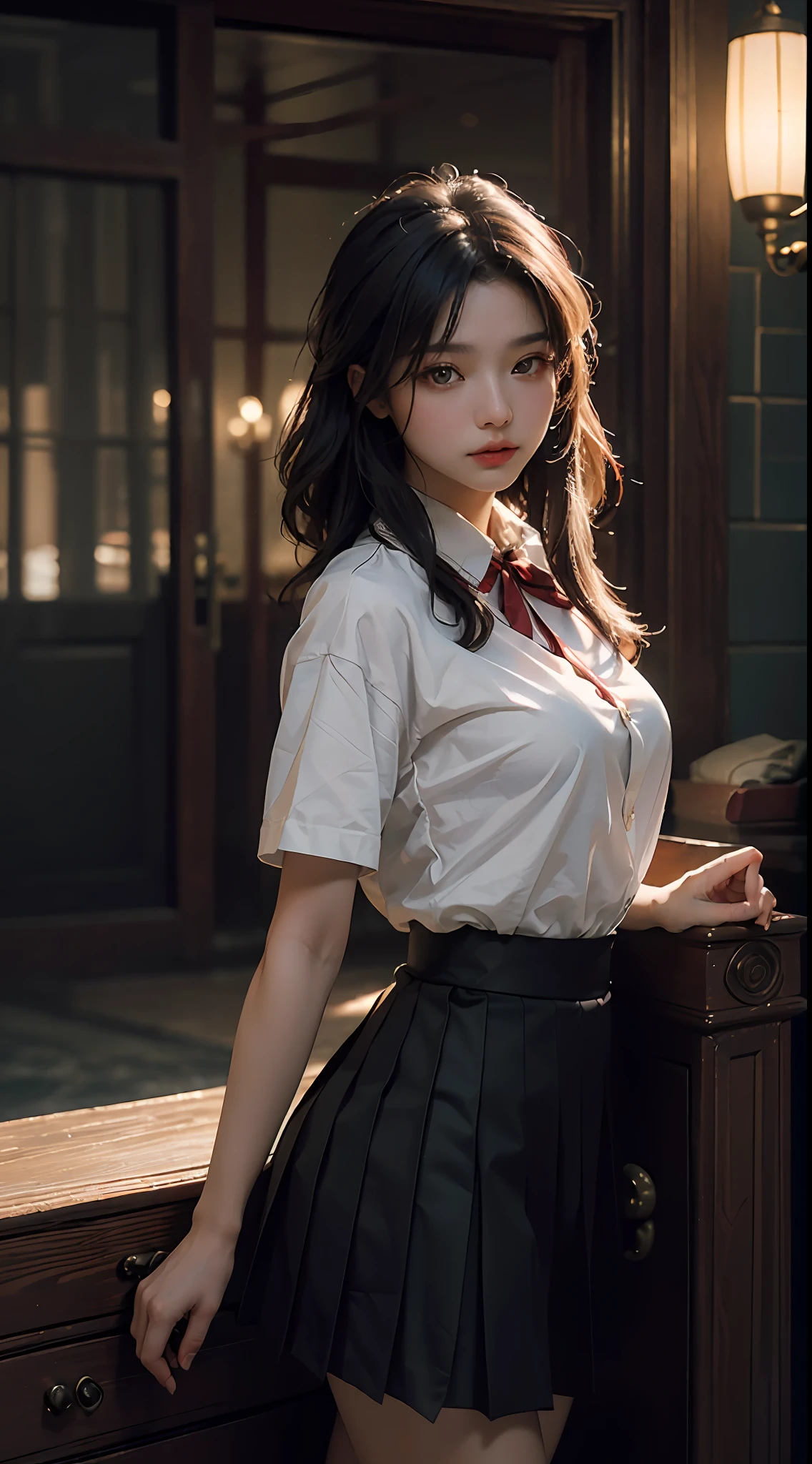 Best quality, (RAW photo: 1.2), (Masterpiece: 1.4), (Realism: 1.4), (High resolution: 1.4), Chinese actress Guli Naza, depth of field, intricate details, 8k, very detailed, perfect lighting, epic background, JK uniform, pleated skirt