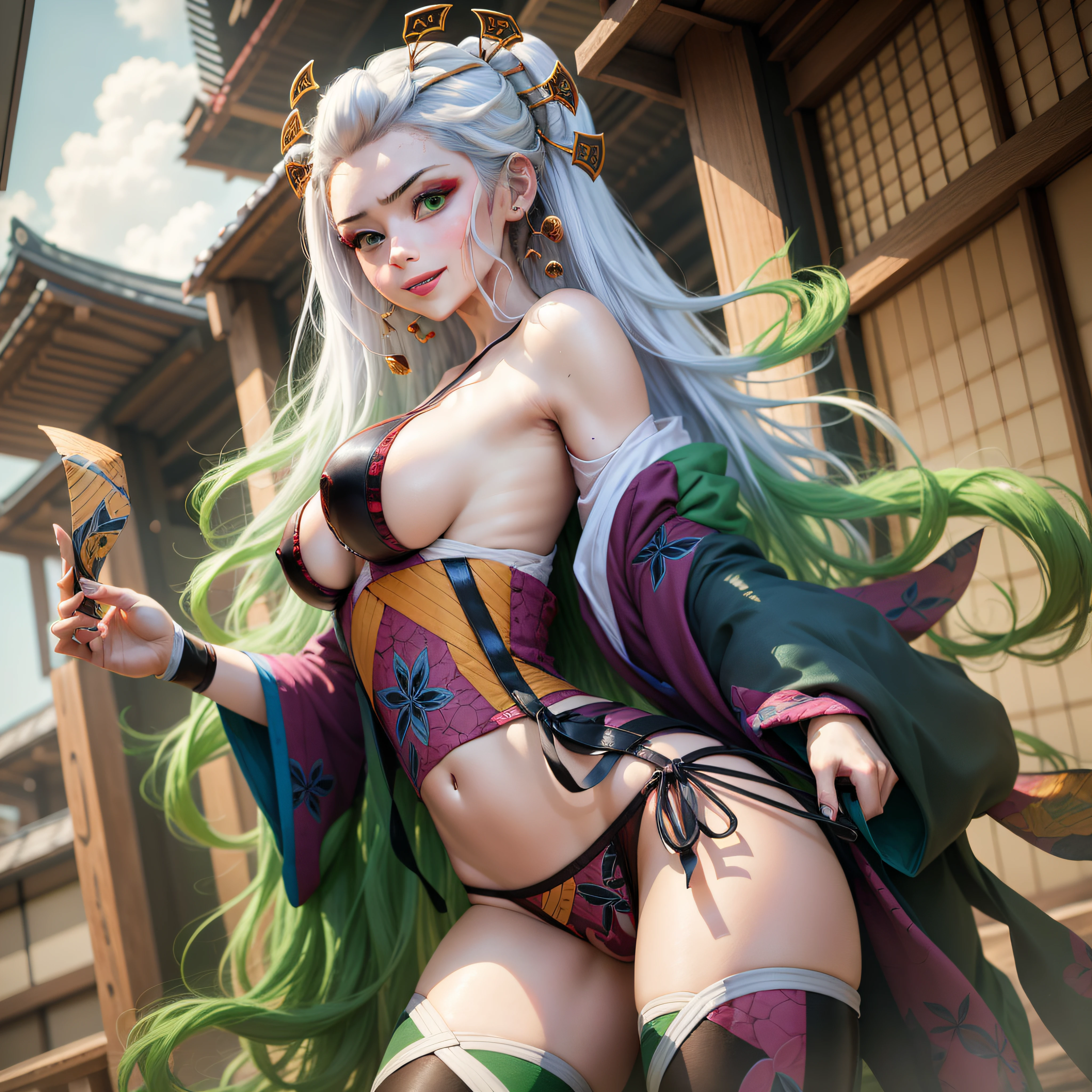 (masterpiece, top quality, best quality, official art, beautiful and aesthetic:1.2), (1girl), (cowboy shot:1.5), colorful,highest detailed, DakiV4, DakiEyesV4, solo, long hair, hair ornament, thighhighs, white hair, multicolored hair, gradient hair, green hair, underwear, panties, green eyes, large breasts, smiling, fingernails, (japanese architecture:1.3),