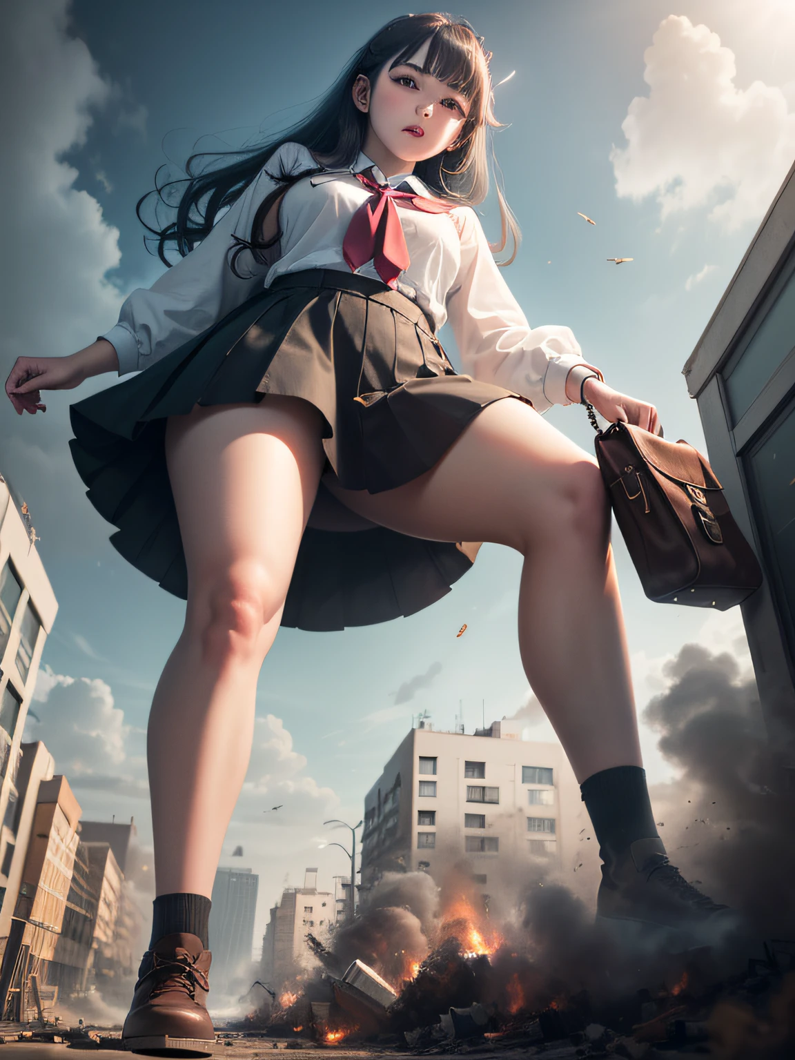 Beautiful girl as a giantess destroying a city, she is wearing school uniform, caucasian, full body, twin drills, black hair, high detail, yandere, cinematic lighting, pov, from below, best quality, high details, high quality, award winning