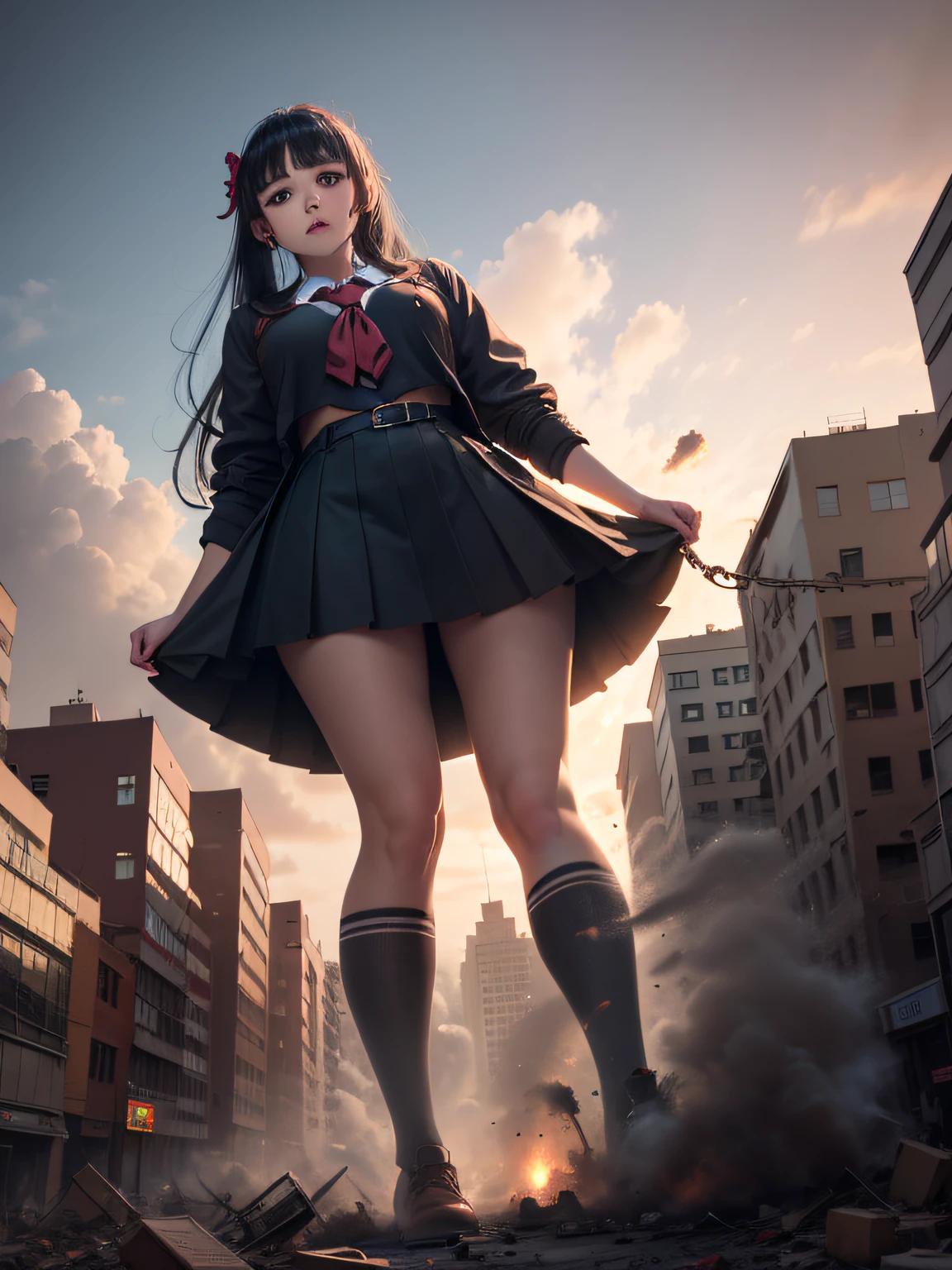 Beautiful schoolgirl as a giantess destroying a city, she is wearing school uniform, caucasian, full body, twin drills, black hair, high detail, yandere, cinematic lighting, pov, from below, best quality, high details, high quality, award winning