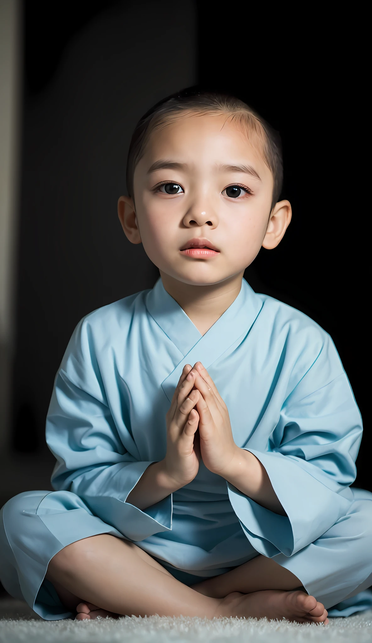 (Best quality, high resolution, masterpiece: 1.3), a handsome little boy, light blue monk's costume with rosary, no hair, no hair, beautifully presented details in the texture of the face and skin, detailed eyes, double eyelids, hands folded, meditating