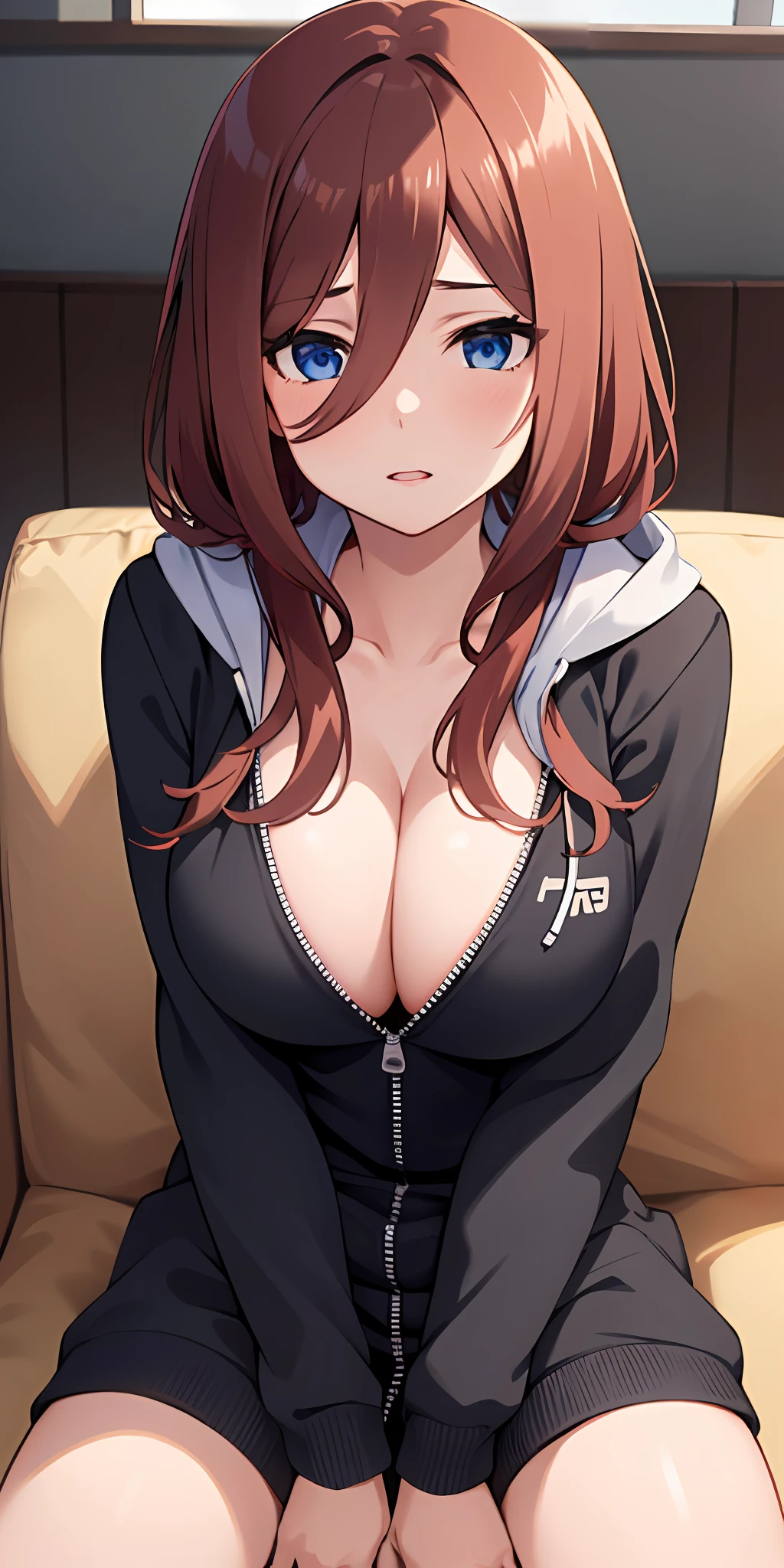 (Best quality:1.3), nakano miku, brown long hair, hair between eyes, unzipped hoodie, cleavage, busty, sitting on couch, (pov)