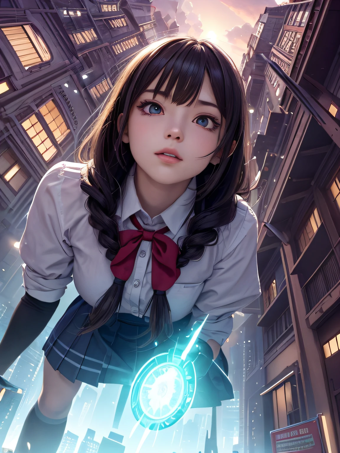 Beautiful girl as a giantess destroying a city, she is wearing school uniform, caucasian, full body, twin drills, black hair, high detail, yandere, cinematic lighting, pov, from below, best quality, high details, high quality, award winning --auto