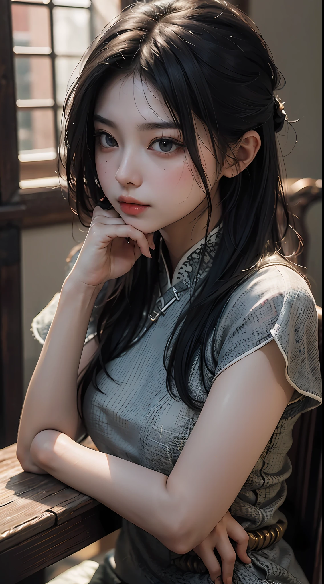 Best quality, (RAW photo: 1.2), (Masterpiece: 1.4), (Realistic: 1.4), (High resolution: 1.4), Chinese actress Guli Naza, depth of field, intricate details, 8k, very detailed, perfect lighting, epic background, student outfit