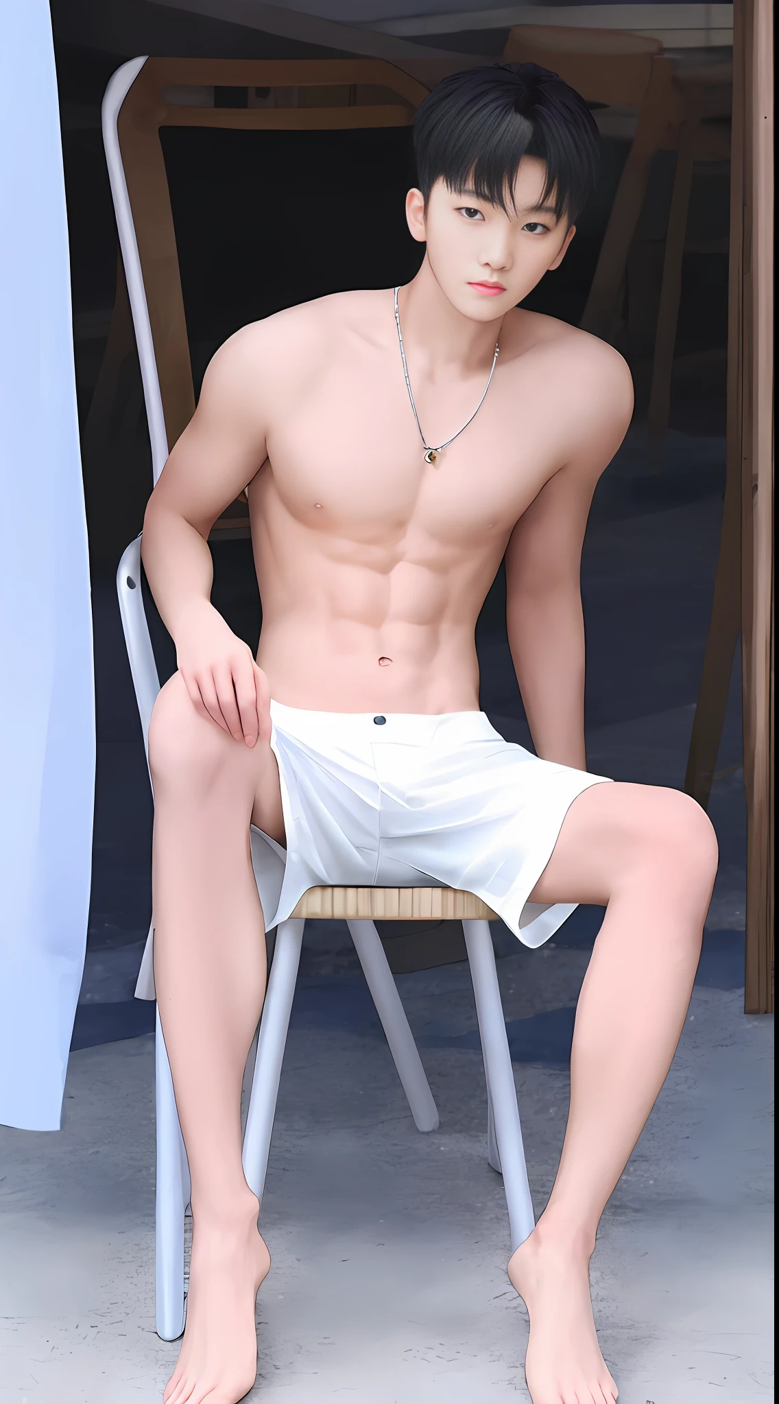 Solo, male focus, 1 boy, Shinji chair, sitting, head down, short black hair, 1 boy, (masterpiece, super high quality, high resolution, 8k, complex: 1.2), (detailed face:1.2), handsome, young Korean man, white skin, double eyelids, detailed skin, 1boy, (realistic)), abs, good lighting quality, muscle veins, ((pale skin)), wearing tight panties, lust face, abs, naked upper body, bare feet
