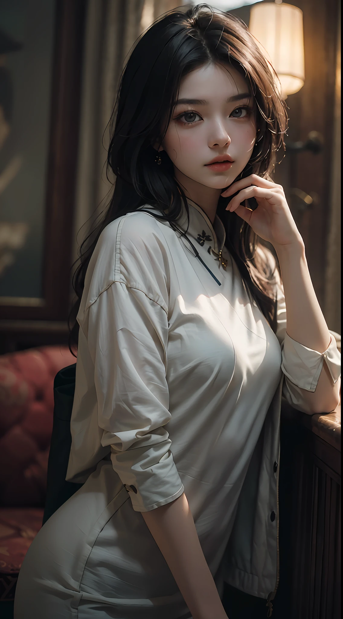 Best quality, (RAW photo: 1.2), (Masterpiece: 1.4), (Realistic: 1.4), (High resolution: 1.4), Chinese actress Guli Naza, depth of field, intricate details, 8k, very detailed, perfect lighting, epic background, student outfit