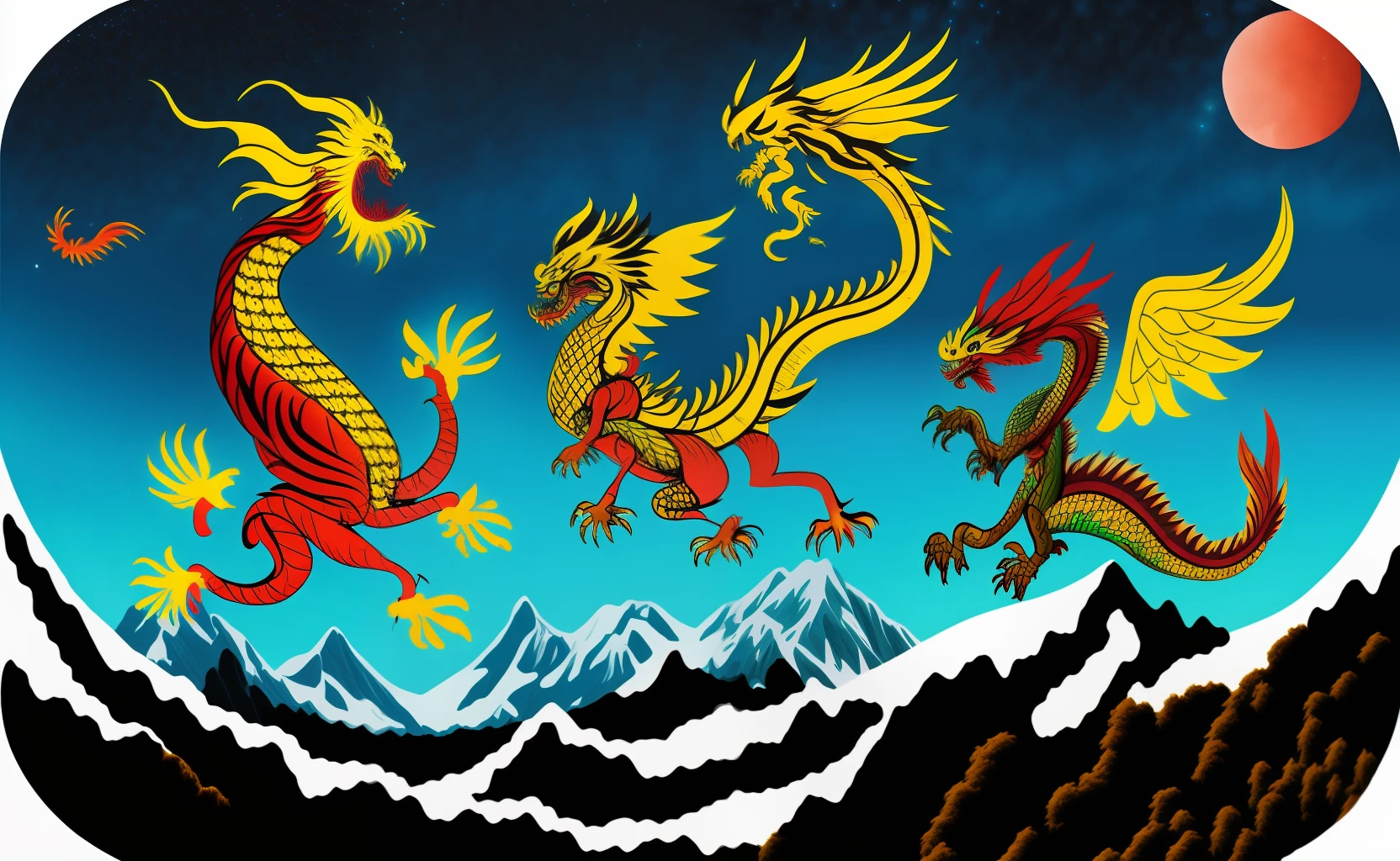 Chinese Dragon and Phoenix Battle Cyan Dragon Fire Phoenix Mountain and Sea Background Full of starry chips