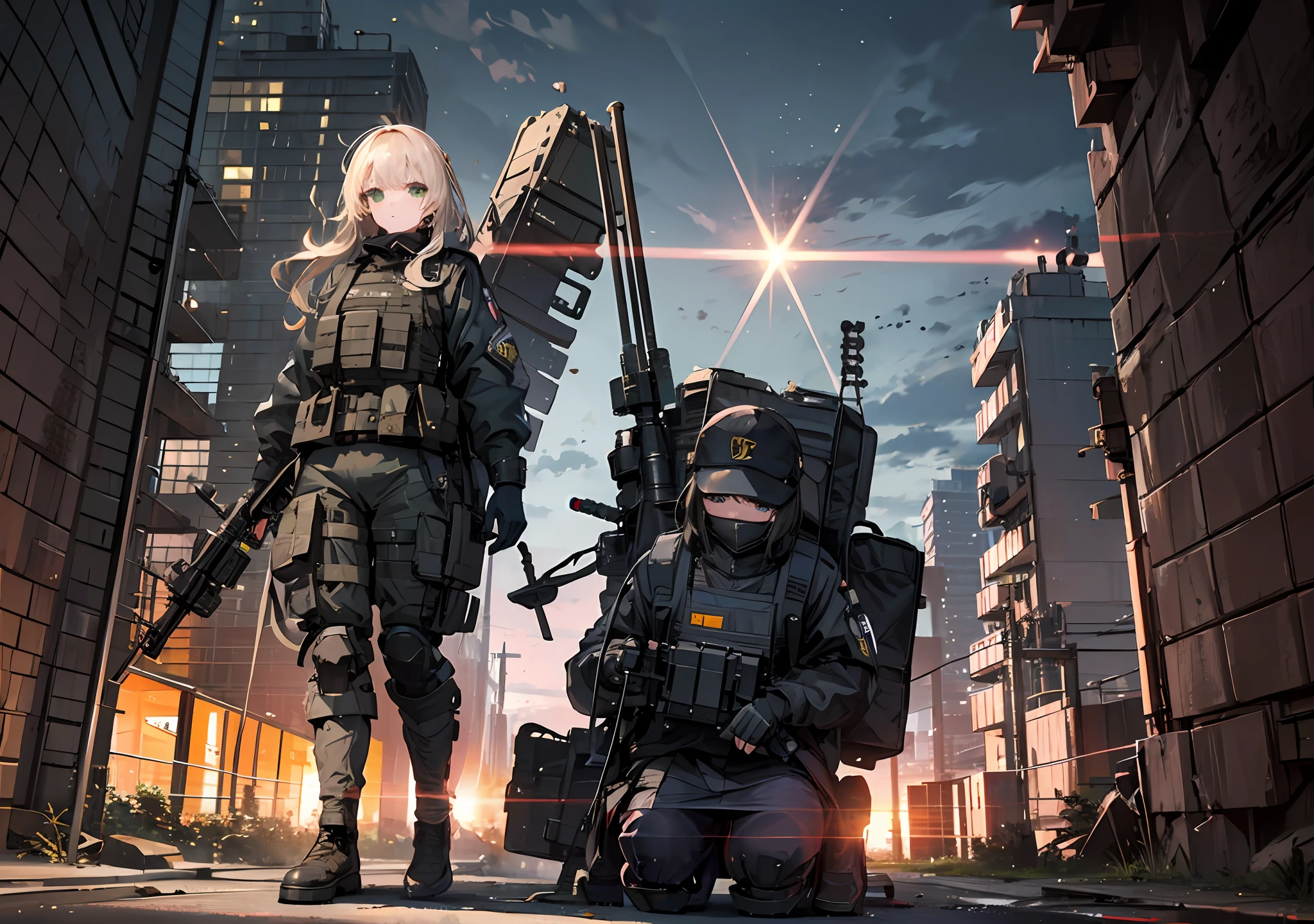 {{Masterpiece, top quality, highly detailed CG, 16K, movie lighting, lens flare}}, (1 girl soldier sniping a huge military robot with a Lahti L-39 anti-tank gun), (wide view), thick body, Photorealistic: 1.4, long blonde hair, green eyes, have multiple weapons, aim accuracy 1.4, Lahti L-39 anti-tank gun, direct light, Night footage with f/1.8 lens flare, shot on rubble with a depth of field of 35mm (Shinjuku at night (Shinjuku at night where five fully equipped special forces SWAT protect women)), (sniping with an anti-tank rifle), (from side), HDR, hyper detailed, wreckage of a giant robot, (wide angle lens)