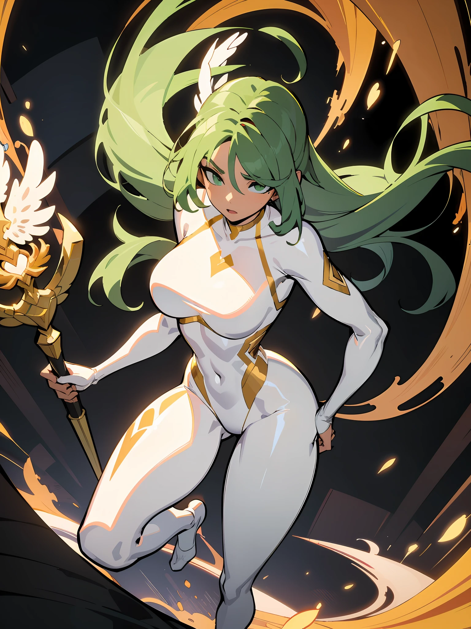 1girl, (solo:1.1),((Masterpiece)), very detailed, tan lines, dark skin, (big breasts), sexy body shape, slender body shape, Phoenix background, green hairs, curved hips, green eyes, white leggings, white and green bodysuit, white swimsuit, glowing effect, priest, healer, fantasy, gold ornament, full body view, beautiful toes, dynamic pose,ningguangdef, dynamic angle, walking, magical weapon in hand, high quality eyes, intense look, from top view, from bottom view