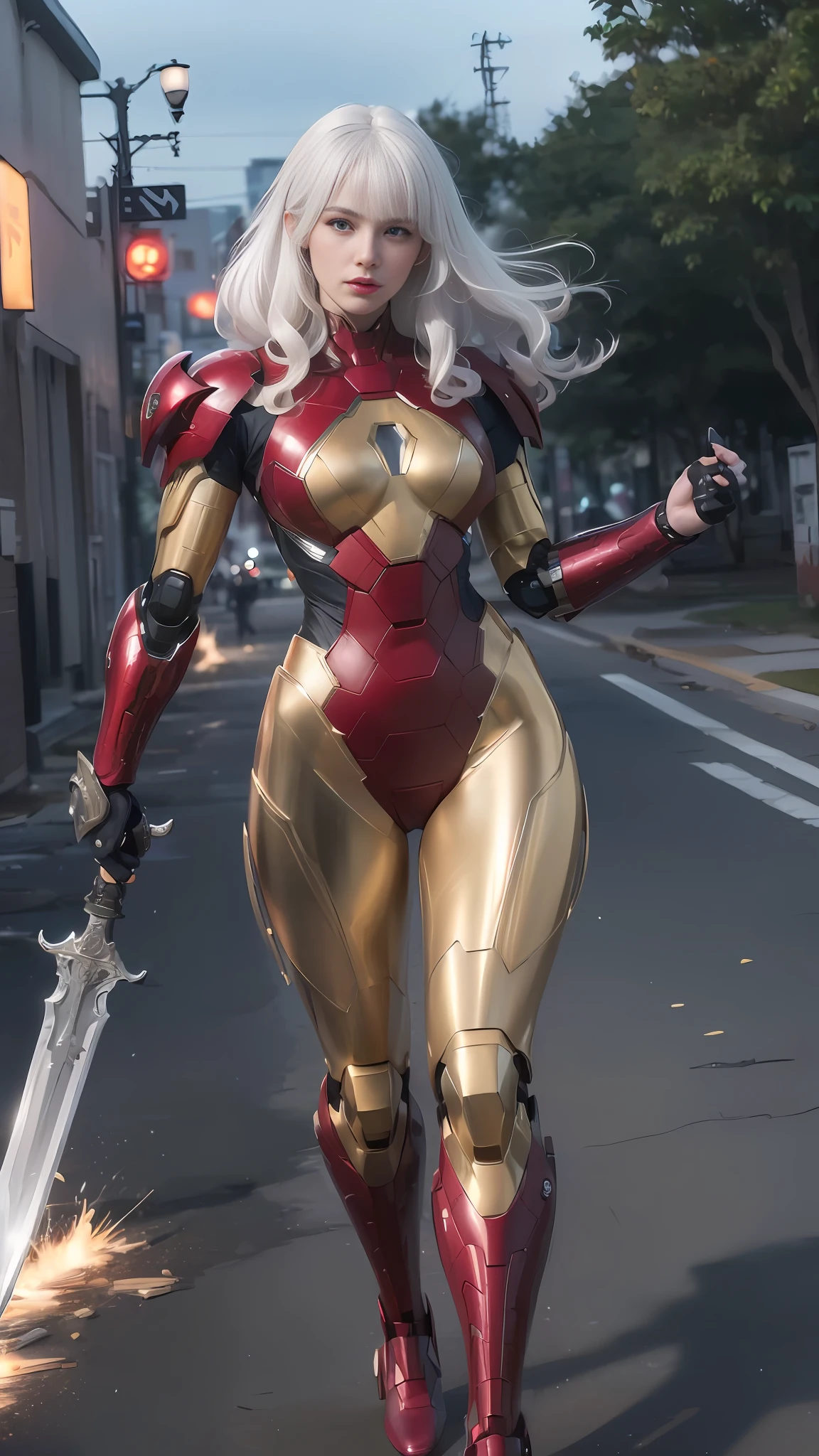 araffe woman in a red and gold suit holding a sword, stunning armor, bikini armor, armor girl, bikini-armor, covered in full metal armor, bikini armour, pvc armor, lady in red armor, shiny plastic armor, bikini armor female knight, female armor, red armor, beautiful armor, full-cosplay, like ironman, wearing witchblade armor
