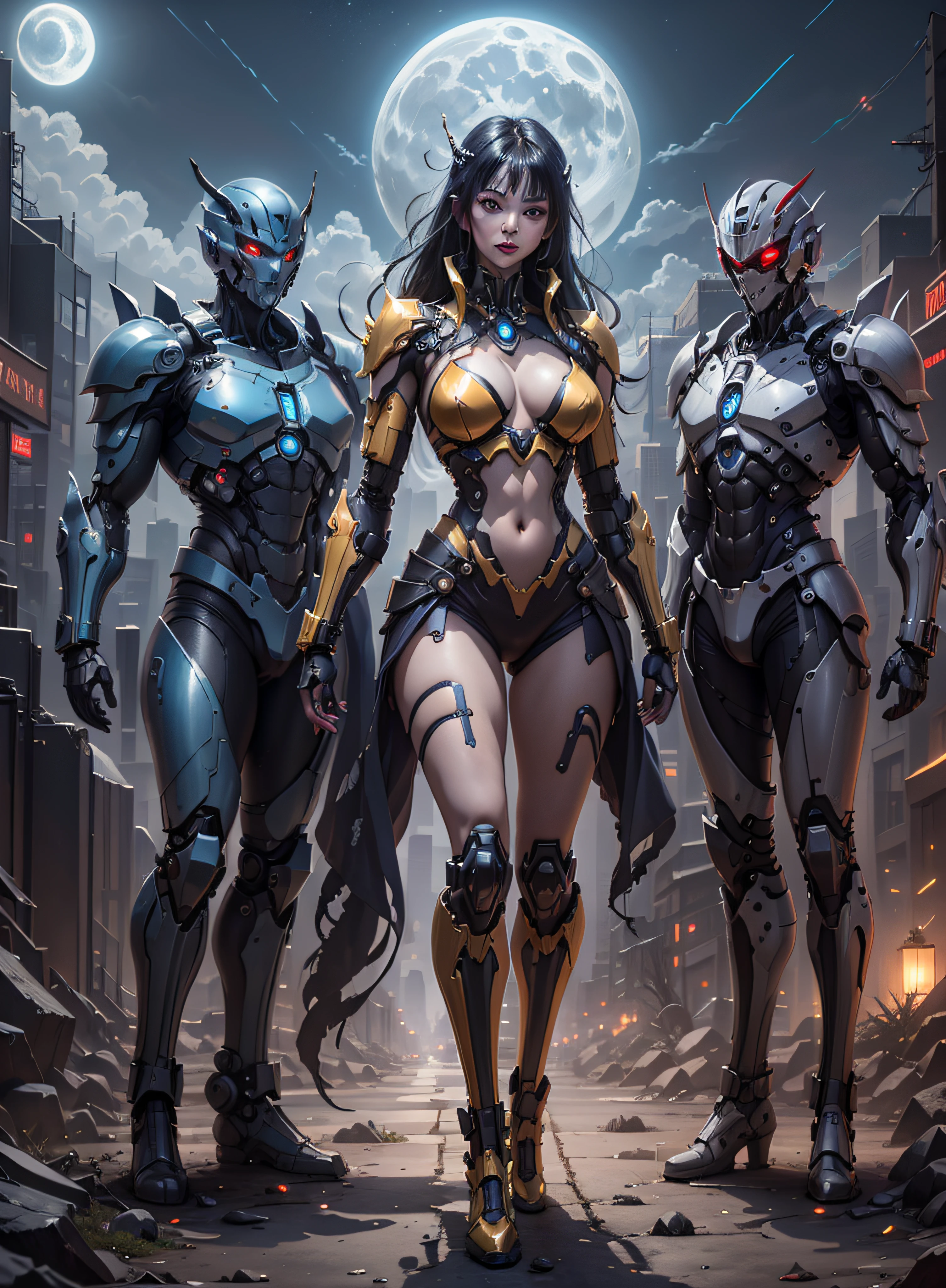 High definition (8k), Beautiful woman detailed defined body, bluish black hair, sexy full body pose wearing conan the barbarian cosplay, medium breasts, blue uniform, red, white, golden yellow high-tech, cyberpunk, futuristic, scenery with night sky with clouds, moon,